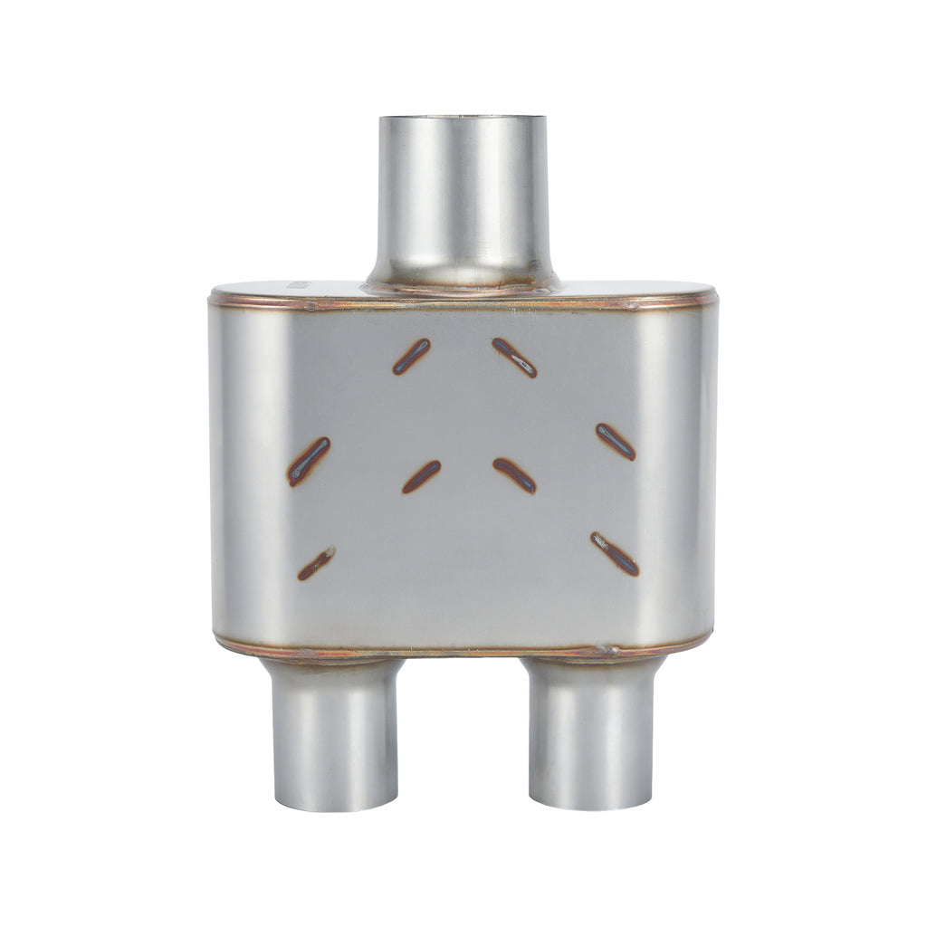 Stainless Chambered Performance Muffler – Compact Body, Single-In / DUAL-Outlet (PL-133D225-A8)