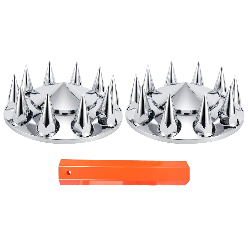 Chrome Spiked Front Axle Hub Cover Set for Semi Trucks – Push-On, 33 mm, 2-Piece Kit with Install Tool (PL-03-PUSH-FT)