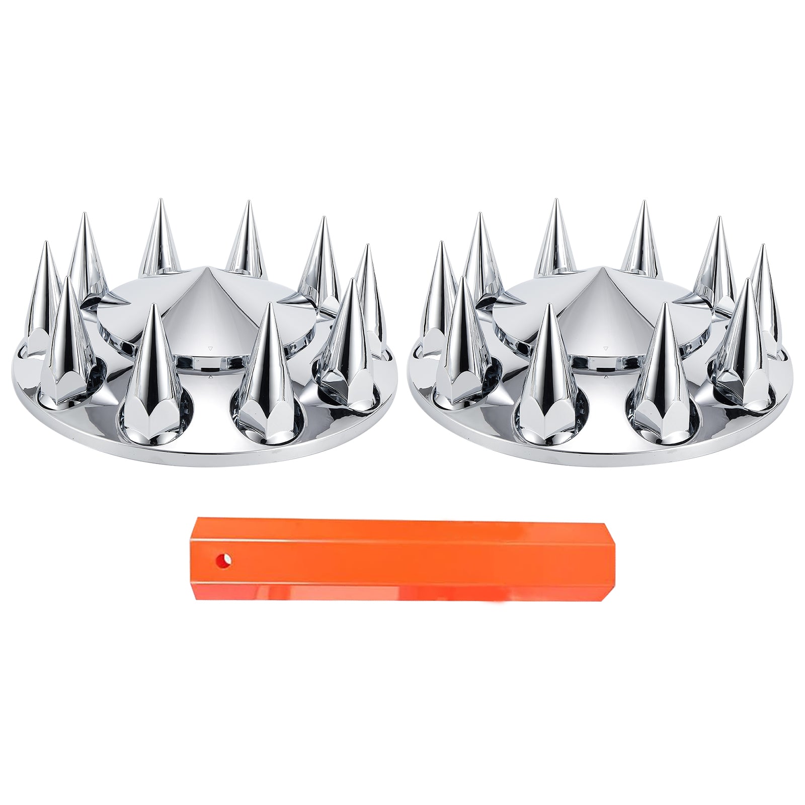 Chrome Spiked Front Axle Hub Cover Set for Semi Trucks – Push-On, 33 mm, 2-Piece Kit with Install Tool (PL-03-PUSH-FT)