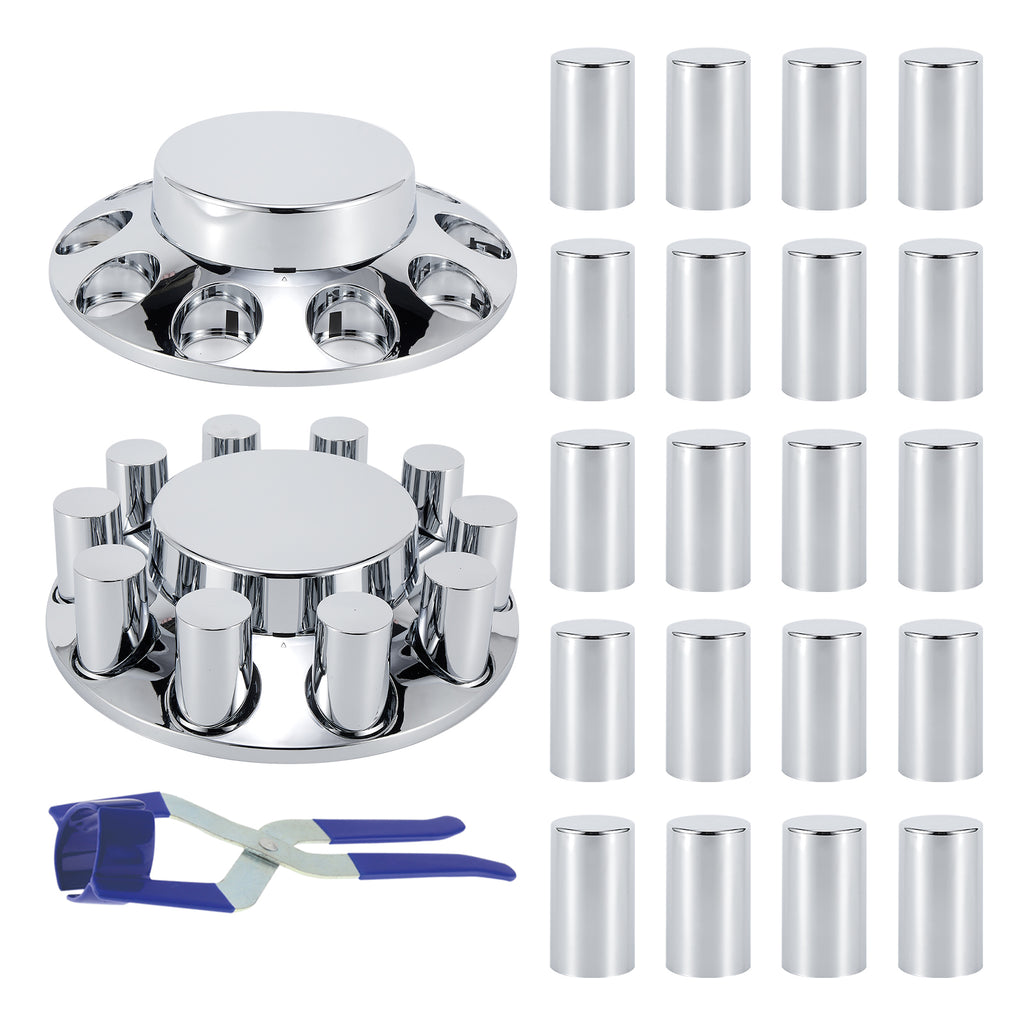 Chrome Smooth-Dome Screw-On Front Axle Hub Cover Kit for Semi Trucks – 33 mm, 2 Front Covers + 20 Spare Nut Covers + Install Tool (PL-05-SCREW-FT)