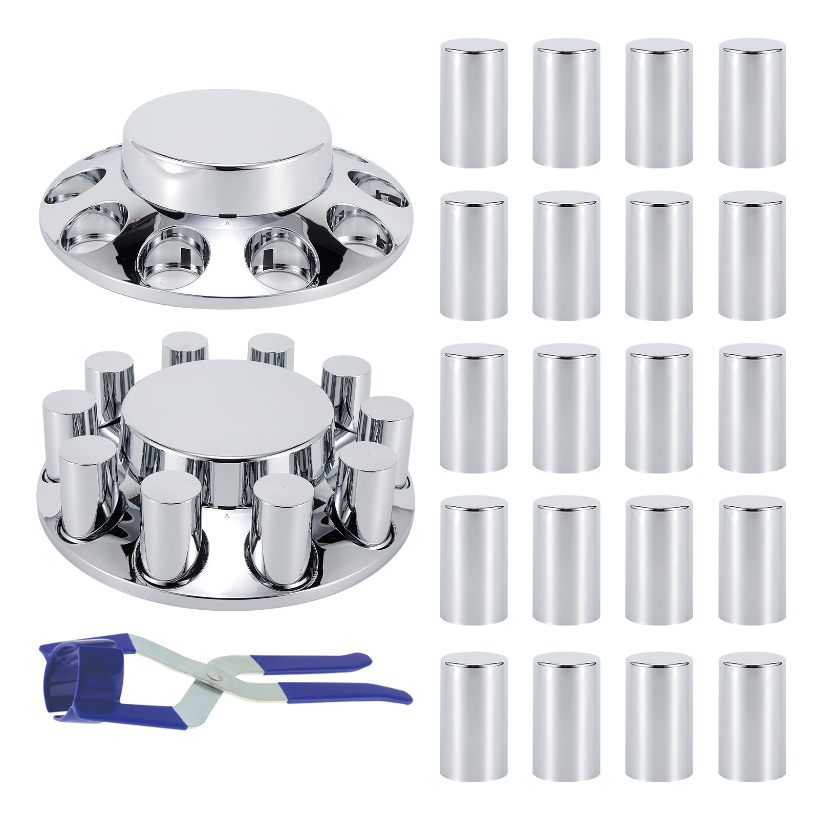 Chrome Smooth-Dome Screw-On Front Axle Hub Cover Kit for Semi Trucks – 33 mm, 2 Front Covers + 20 Spare Nut Covers + Install Tool (PL-05-SCREW-FT)