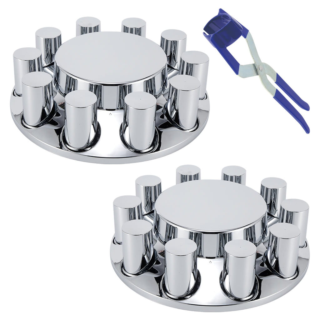 Chrome Smooth-Dome Front Axle Hub Cover Set for Semi Trucks – Push-On, 33 mm Pre-Installed Nut Covers, 2-Piece Kit (PL-05-PUSH-FT)
