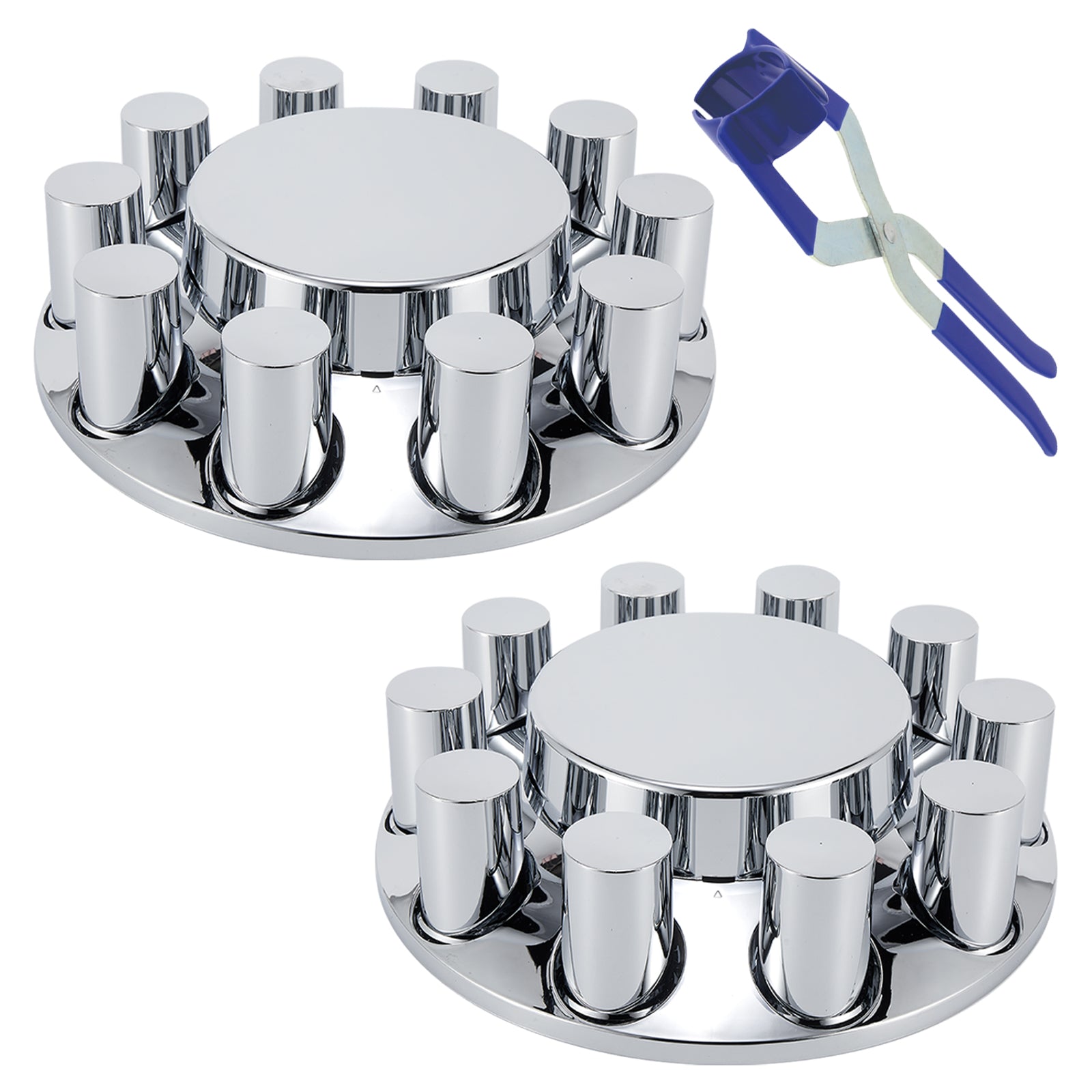 Chrome Smooth-Dome Front Axle Hub Cover Set for Semi Trucks – Push-On, 33 mm Pre-Installed Nut Covers, 2-Piece Kit (PL-05-PUSH-FT)