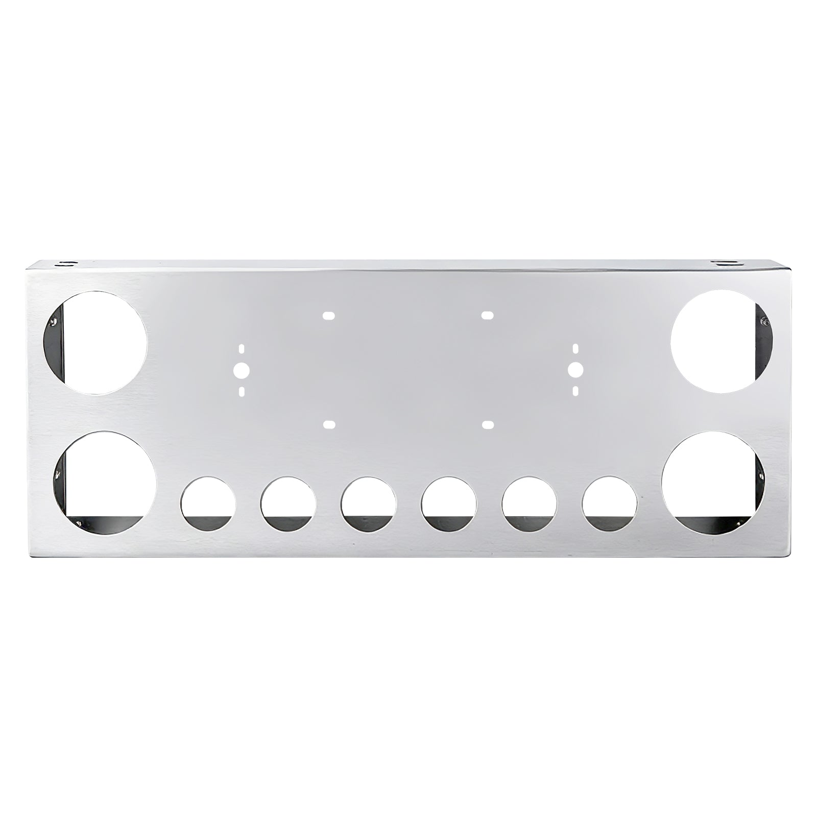 34" Chrome Stainless Steel Rear Center License Plate Panel for Semi Trucks – 4 Large + 7 Small Light Cutouts (PR-9005SS)