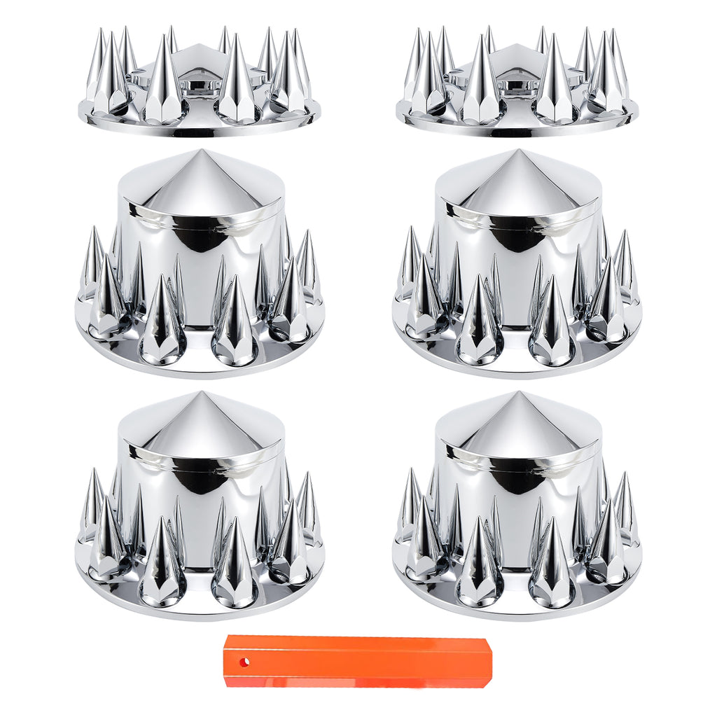 Chrome Spiked Complete Wheel Hub Cover Kit for Semi Trucks – 2 Front + 4 Rear Axle Covers + 60× 33 mm Push-On Nut Covers + Install Tool (PL-03-PUSH-WH)