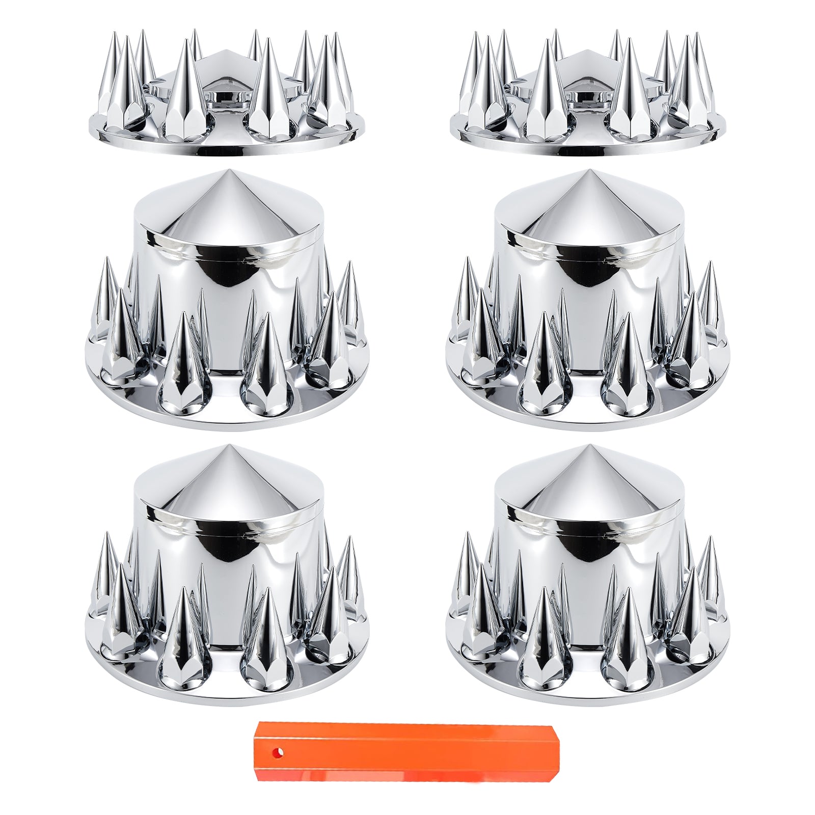 Chrome Spiked Complete Wheel Hub Cover Kit for Semi Trucks – 2 Front + 4 Rear Axle Covers + 60× 33 mm Push-On Nut Covers + Install Tool (PL-03-PUSH-WH)