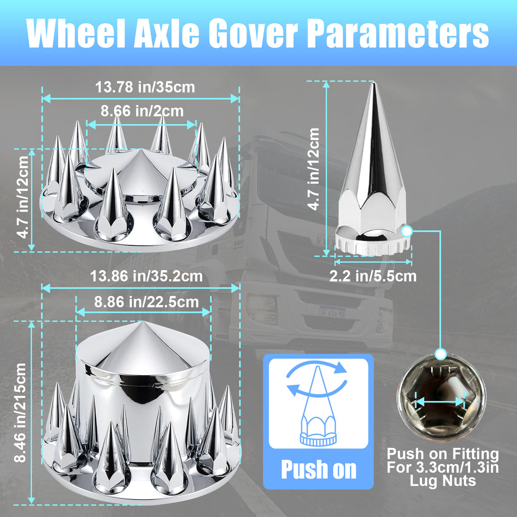 Chrome Spiked Complete Wheel Hub Cover Kit for Semi Trucks – 2 Front + 4 Rear Axle Covers + 60× 33 mm Push-On Nut Covers + Install Tool (PL-03-PUSH-WH)