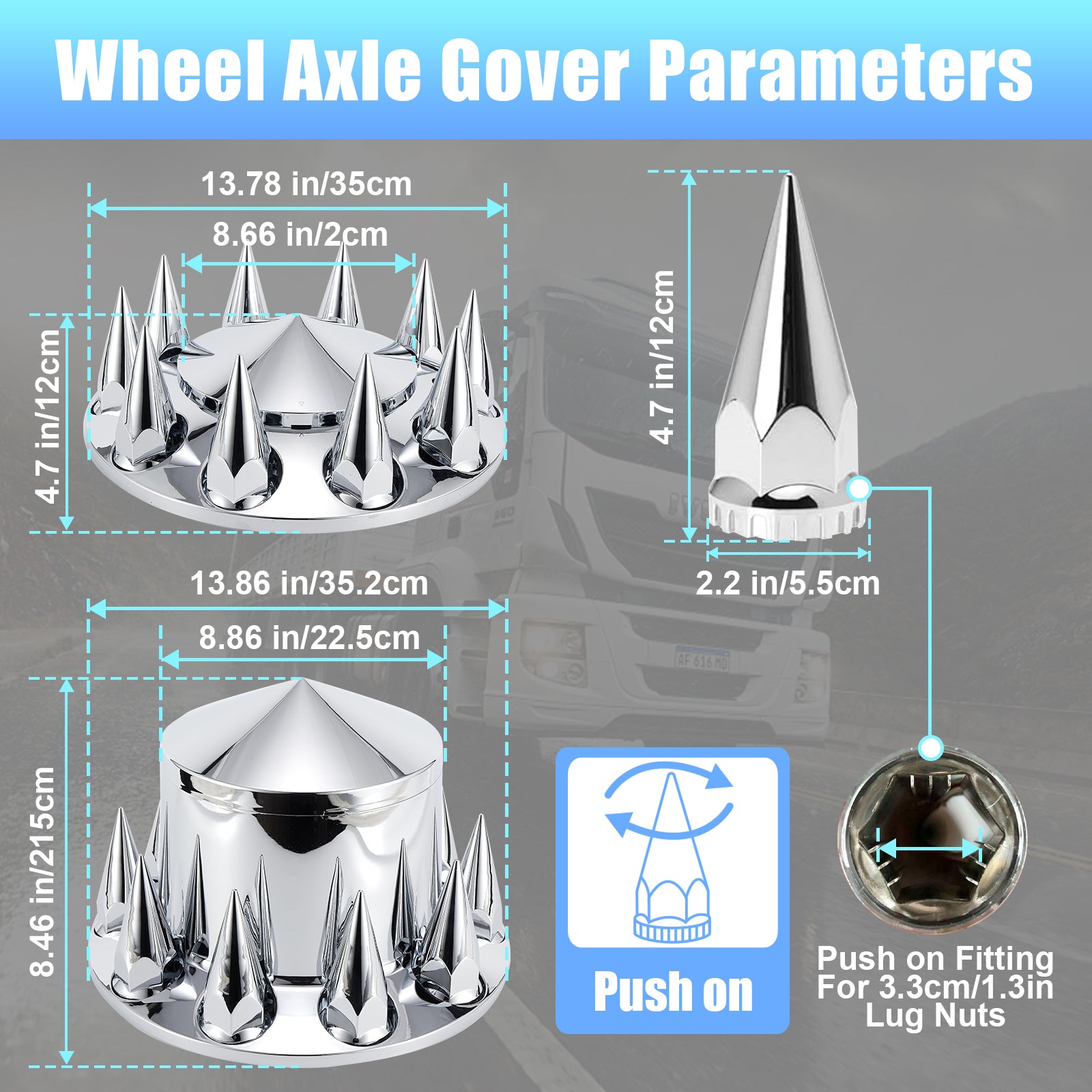 Chrome Spiked Complete Wheel Hub Cover Kit for Semi Trucks – 2 Front + 4 Rear Axle Covers + 60× 33 mm Push-On Nut Covers + Install Tool (PL-03-PUSH-WH)