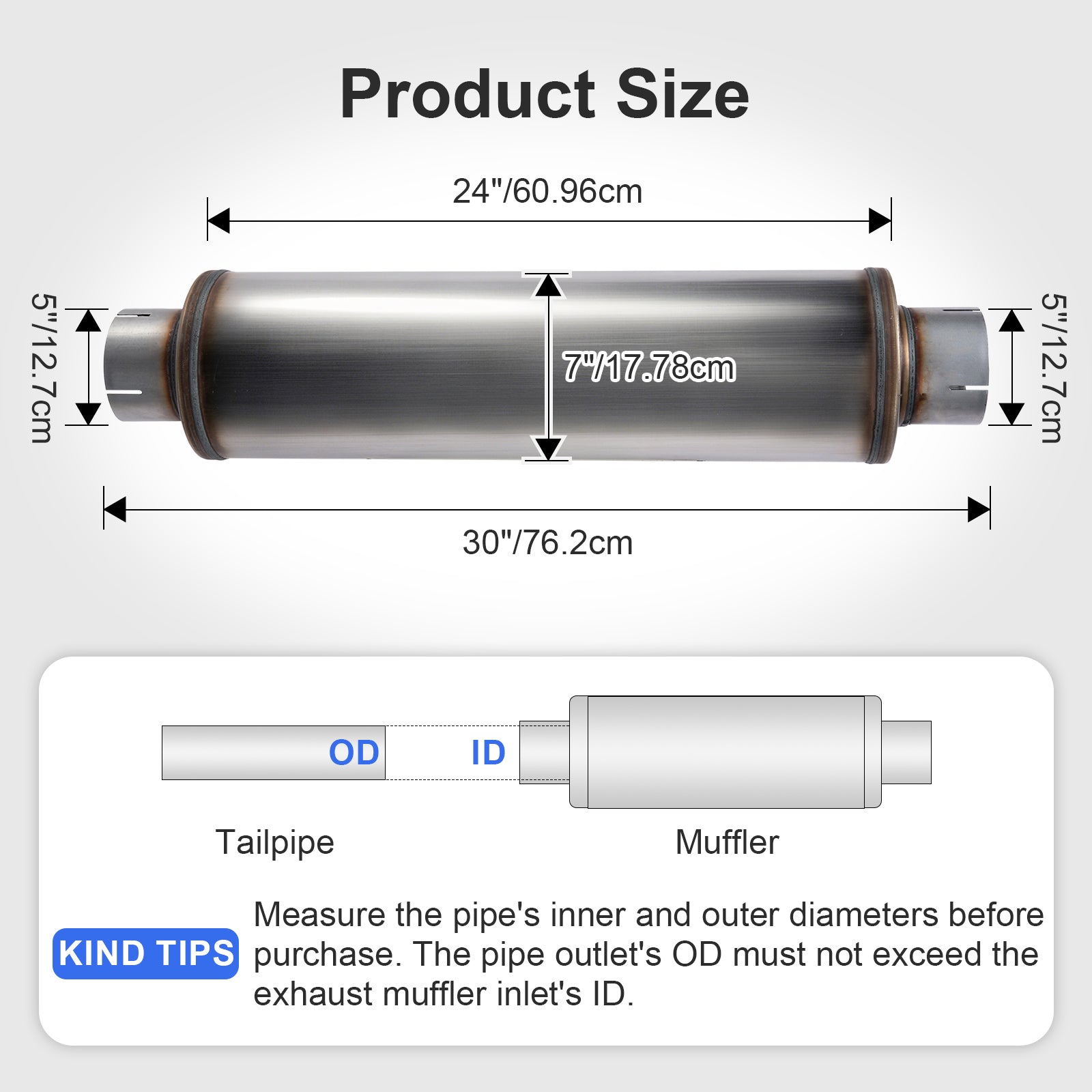 Heavy-Duty Cylindrical Stainless Muffler – Slip-Fit, 30" Body – 4", 5" (J Series)