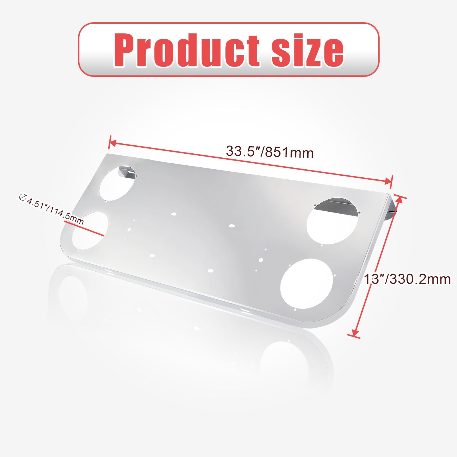 34" Chrome Stainless Steel Rear Center License Plate Panel for Semi Trucks – 4 Large 4" Light Cutouts (PR-9004SS)