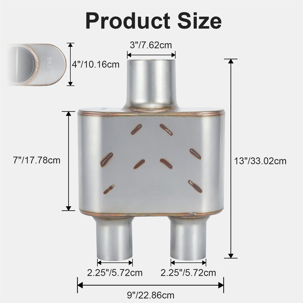 Stainless Chambered Performance Muffler – Compact Body, Single-In / DUAL-Outlet (PL-133D225-A8)