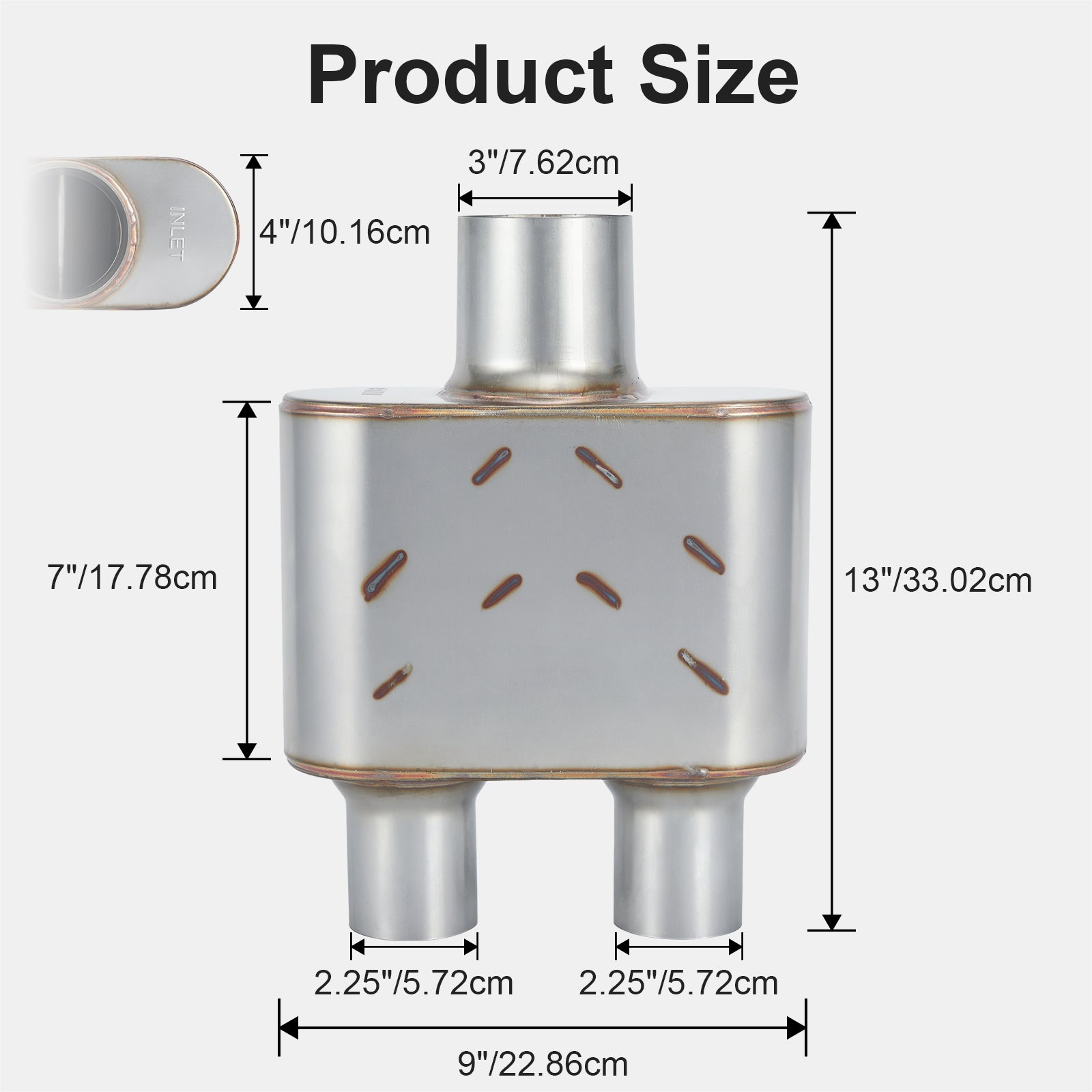 Stainless Chambered Performance Muffler – Compact Body, Single-In / DUAL-Outlet (PL-133D225-A8)