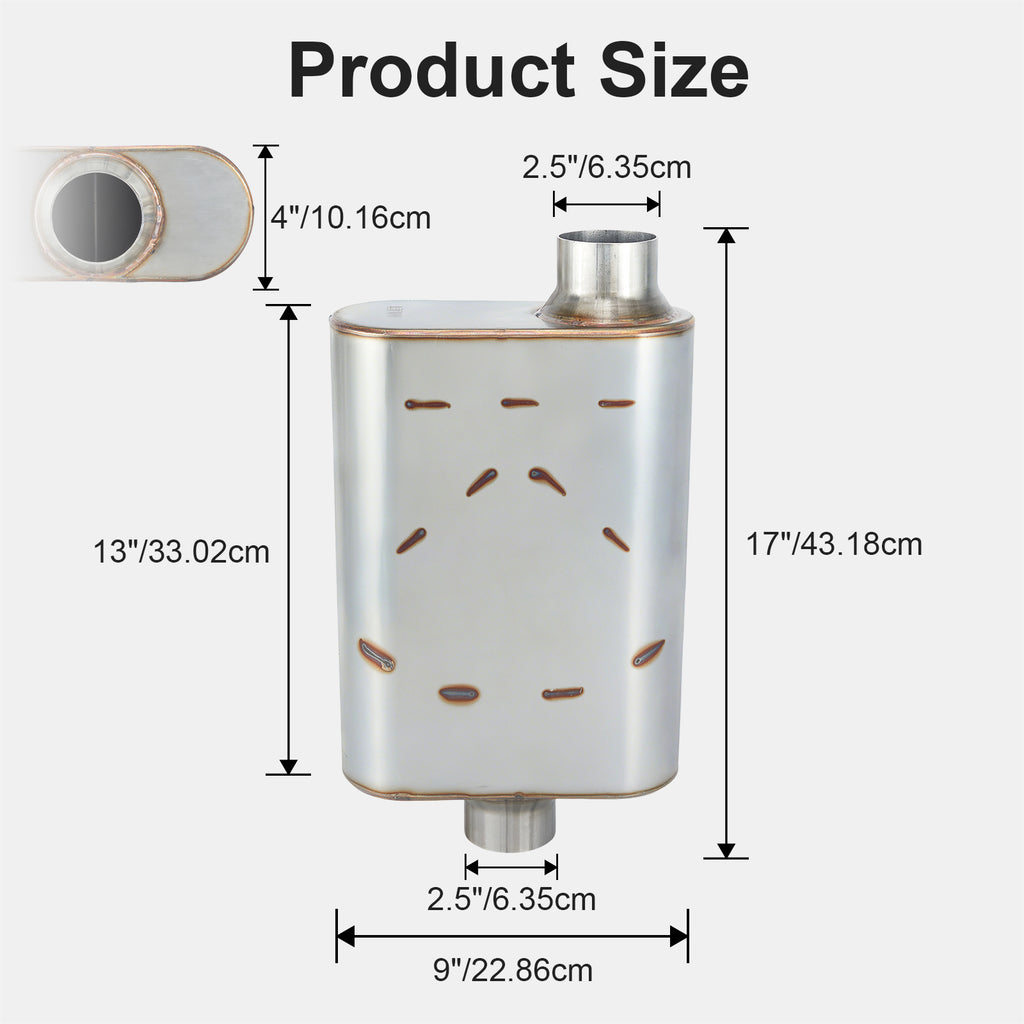 Stainless Chambered Performance Muffler – Standard Body, Offset-In / Offset-Out – Stainless or Black (PL-O1725-A23)