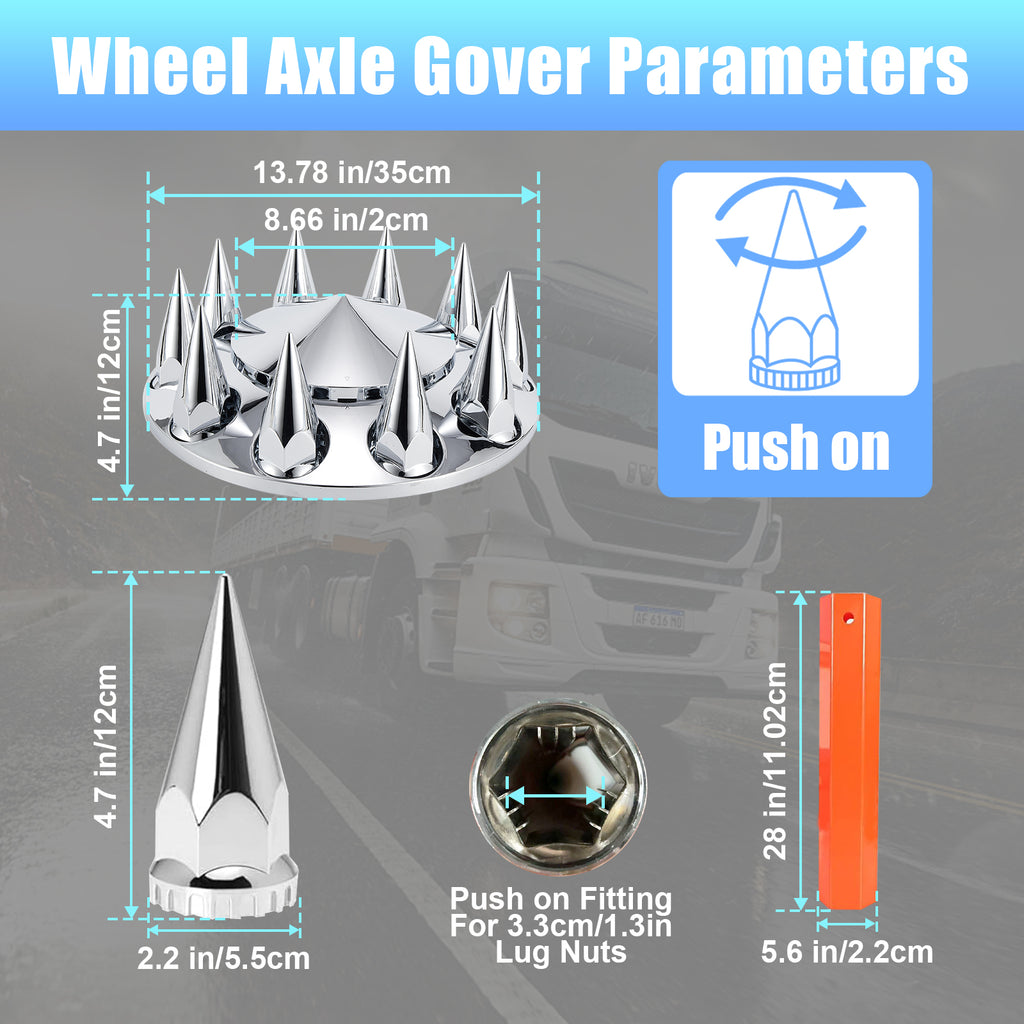 Chrome Spiked Front Axle Hub Cover Set for Semi Trucks – Push-On, 33 mm, 2-Piece Kit with Install Tool (PL-03-PUSH-FT)