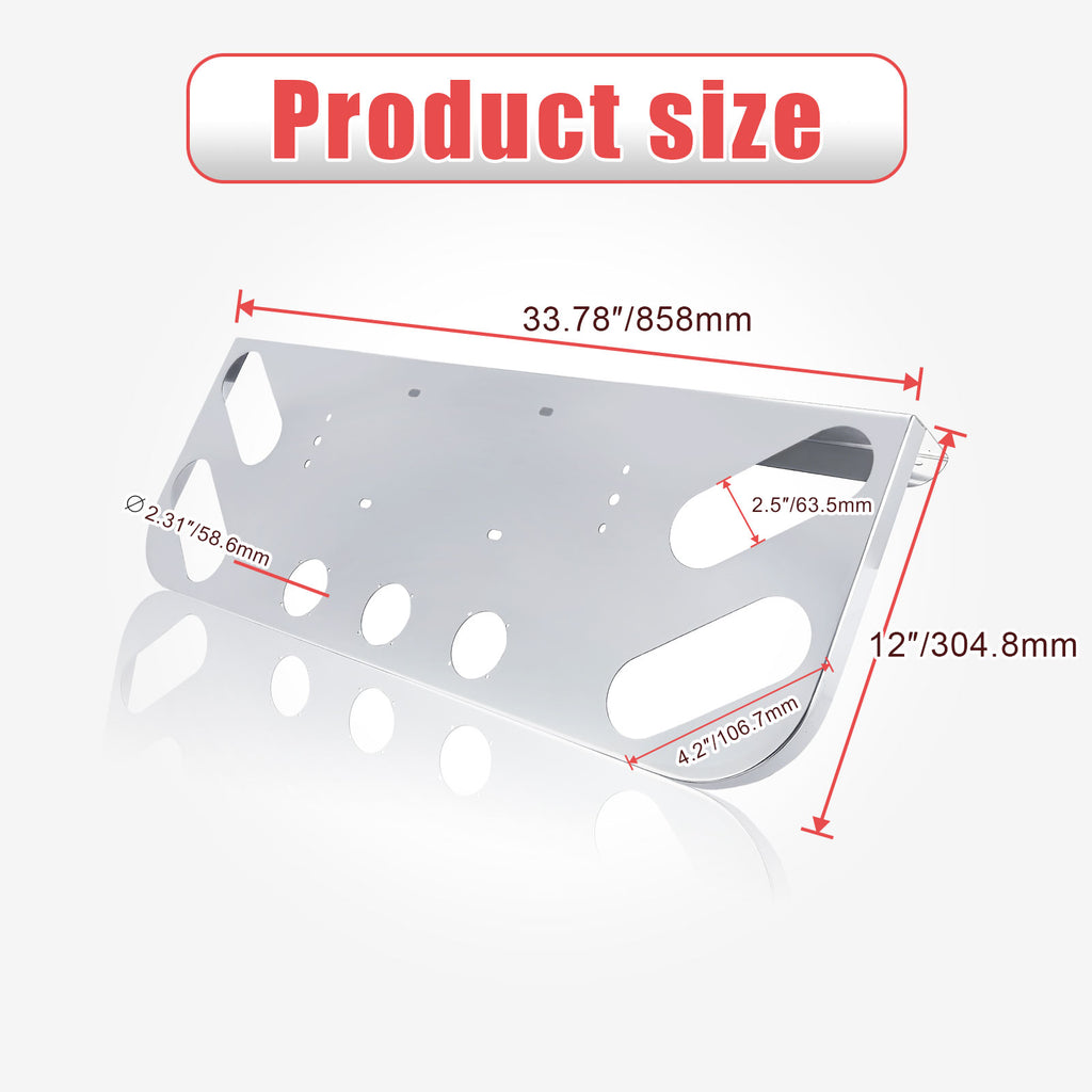 34" Chrome Stainless Steel Rear Center License Plate Panel for Semi Trucks – 4 Round + 4 Oblong Light Cutouts (PR-9003SS)