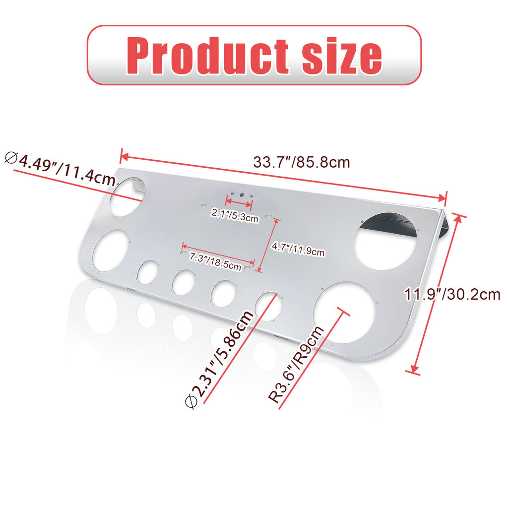 34" Chrome Stainless Steel Rear Center License Plate Panel for Semi Trucks – 6 Light Cutouts (PR-9002SS)