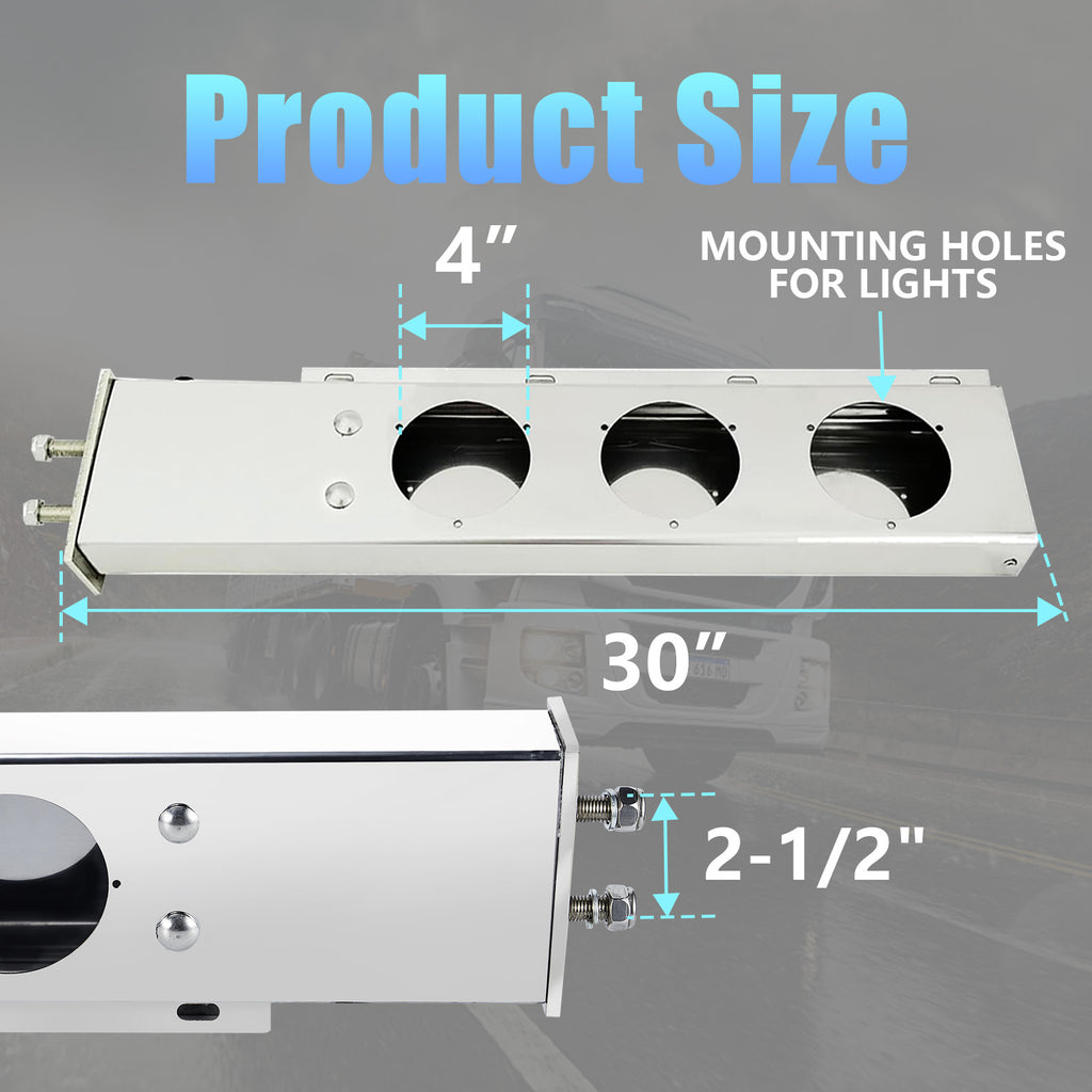 Polished Stainless Mud Flap Bracket Light Housing – 30" with 4" Round Cutouts – Pair