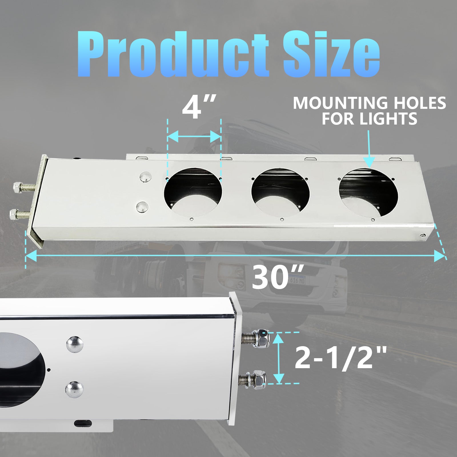 Polished Stainless Mud Flap Bracket Light Housing – 30" with 4" Round Cutouts – Pair