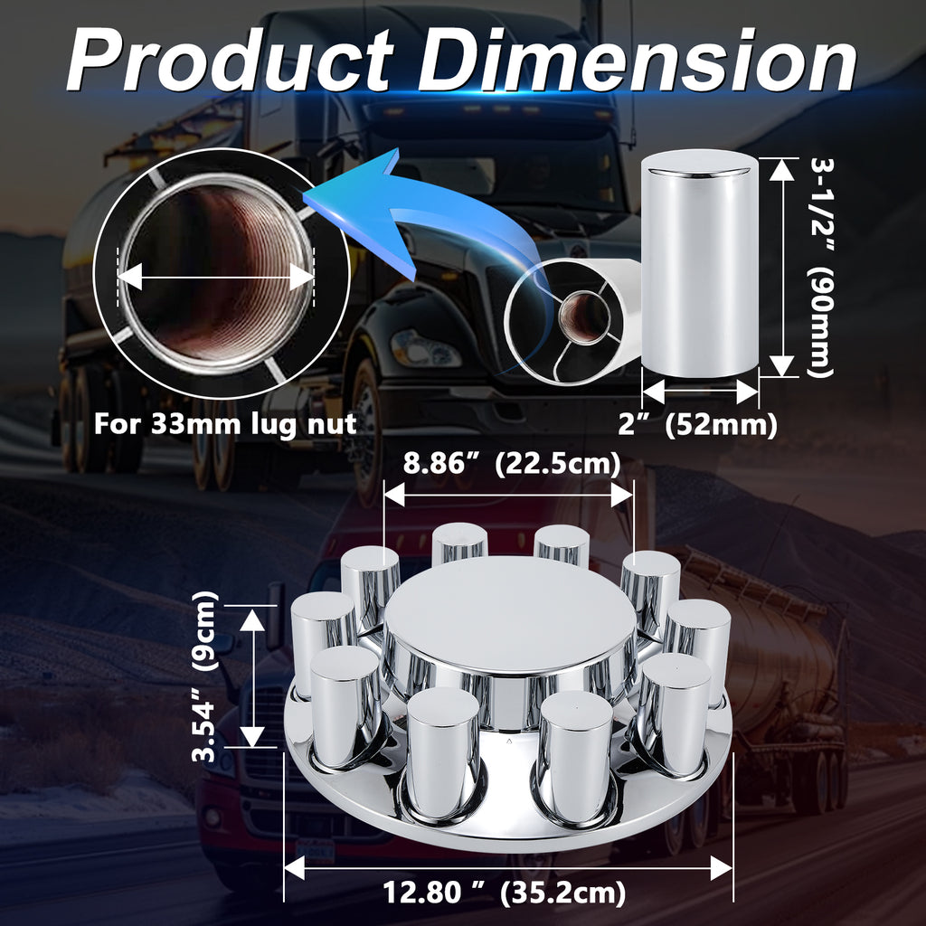 Chrome Smooth-Dome Screw-On Front Axle Hub Cover Kit for Semi Trucks – 33 mm, 2 Front Covers + 20 Spare Nut Covers + Install Tool (PL-05-SCREW-FT)