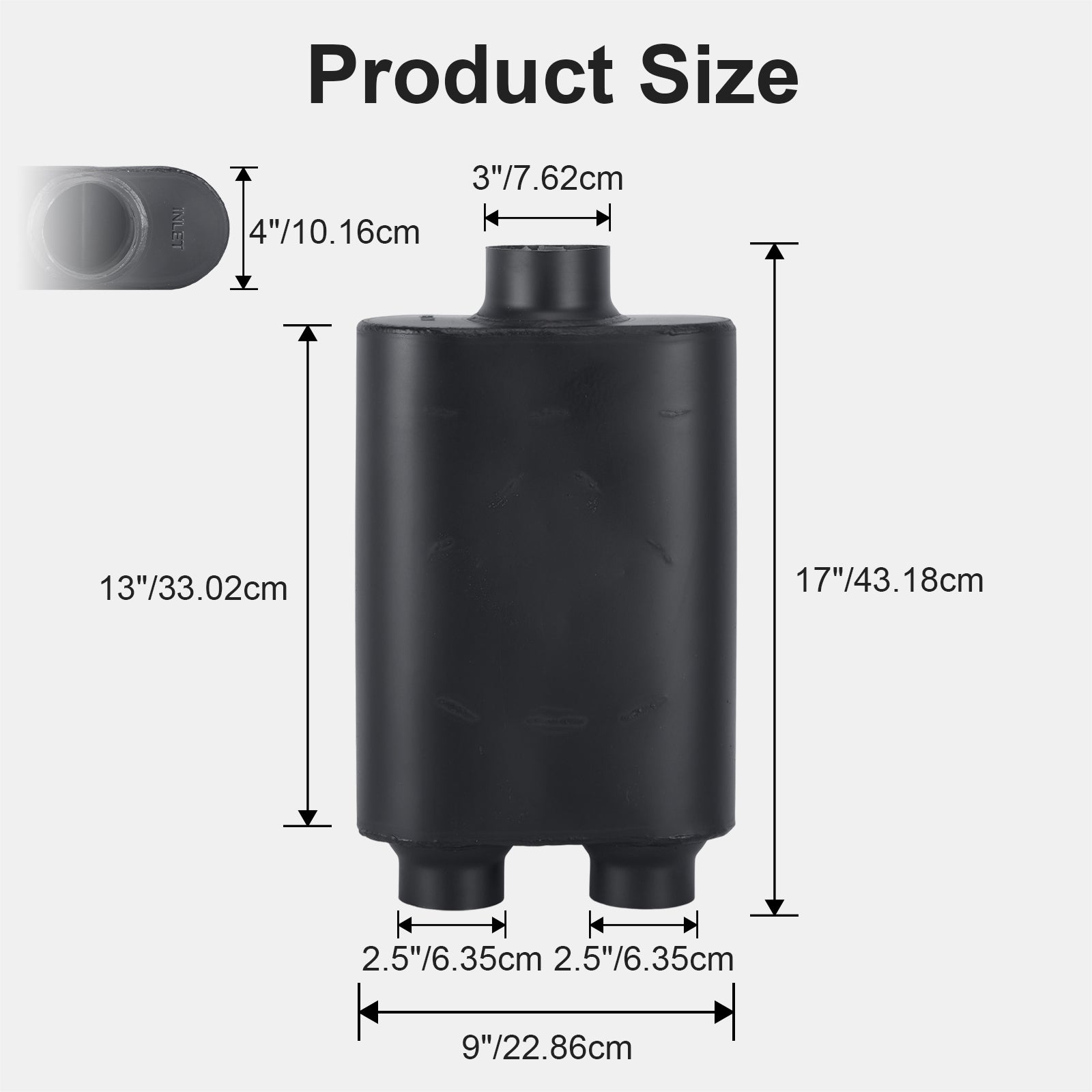 Black Chambered Performance Muffler – Standard Body, Single-In / DUAL-Outlet (PL-173D25BK-A44)