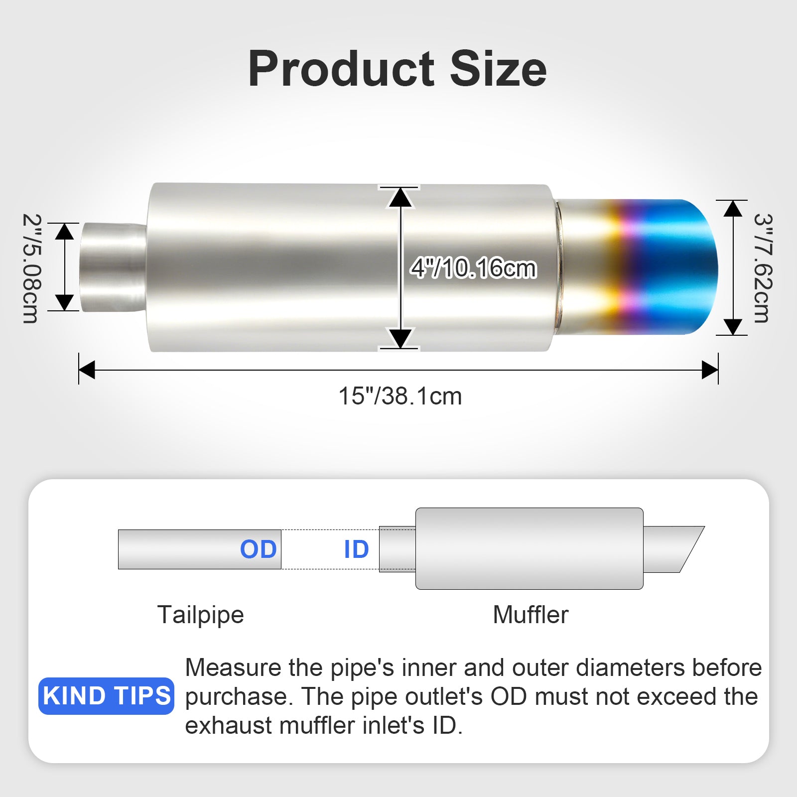 Cannon-Style Stainless Performance Muffler – Burnt-Blue Titanium-Look Tip – Universal Fit, 2", 2.25", 2.5", 3" Inlet (B Series)