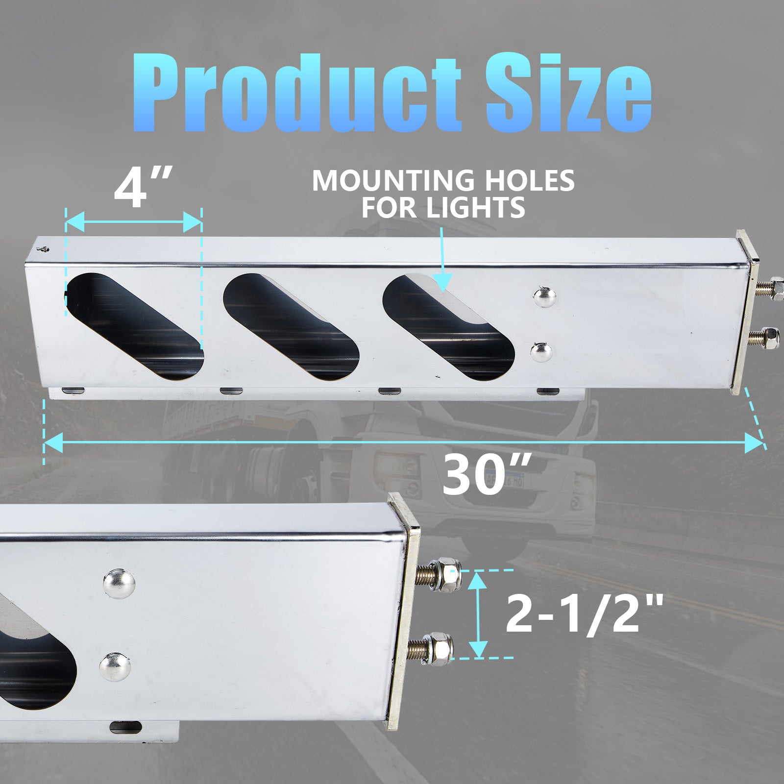 Polished Stainless Mud Flap Bracket Light Housing – 30" with Rounded-Rectangle Cutouts – Pair