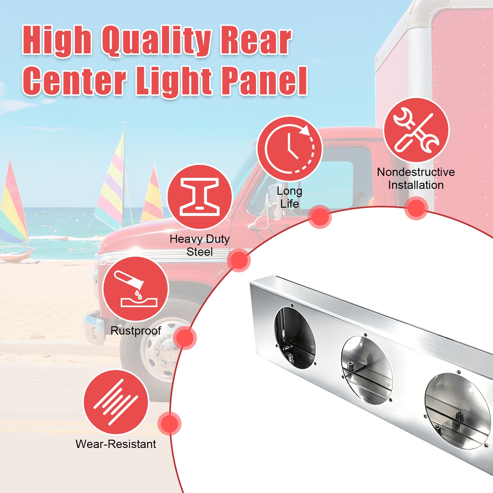 92" Chrome Stainless Steel Rear Center Light Panel for Semi Trucks – 6 Light Cutouts (PL-9021SS)