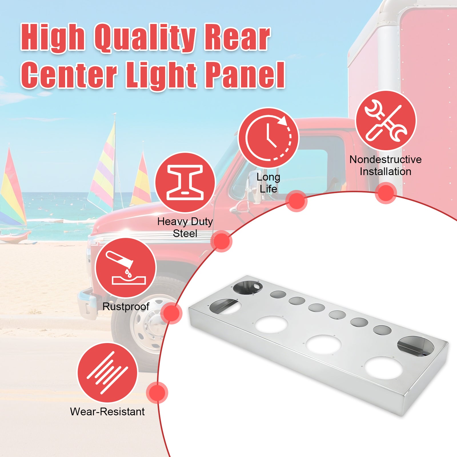 34" Chrome Stainless Steel Rear Center Light Panel for Semi Trucks – 6 Large + 6 Small Light Cutouts (PR-9006SS)