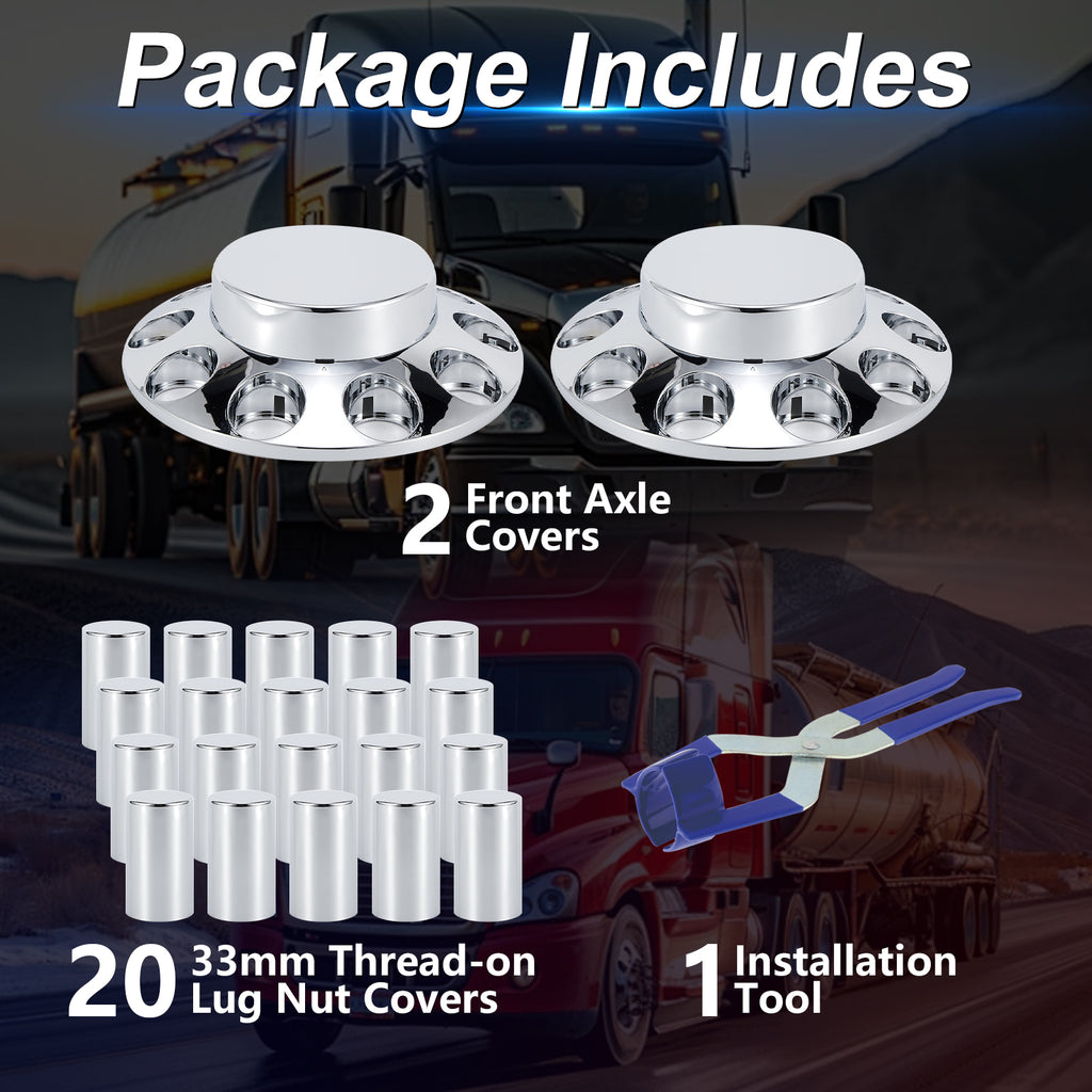 Chrome Smooth-Dome Screw-On Front Axle Hub Cover Kit for Semi Trucks – 33 mm, 2 Front Covers + 20 Spare Nut Covers + Install Tool (PL-05-SCREW-FT)