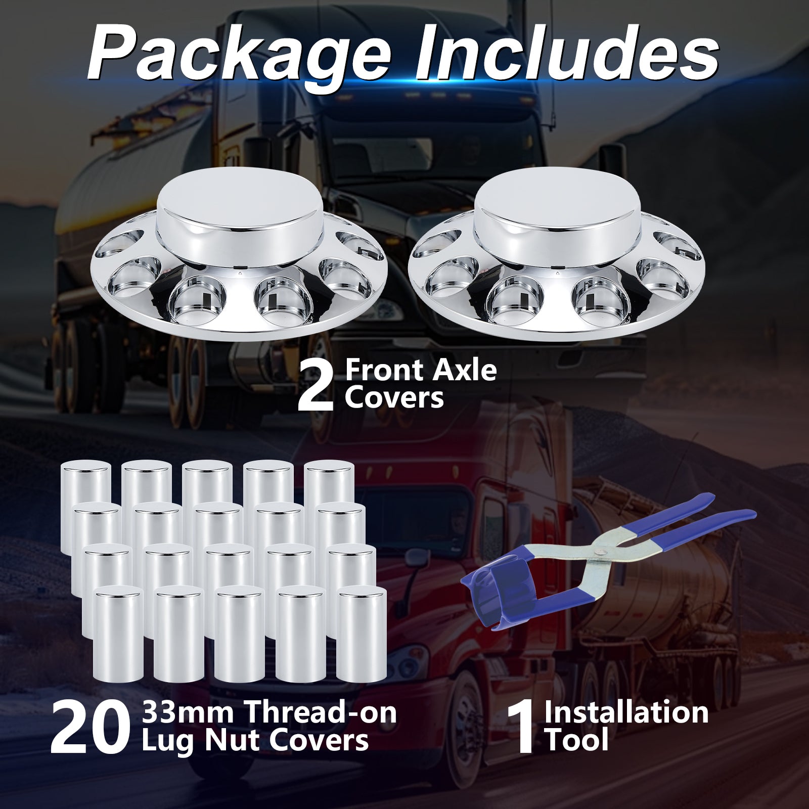 Chrome Smooth-Dome Screw-On Front Axle Hub Cover Kit for Semi Trucks – 33 mm, 2 Front Covers + 20 Spare Nut Covers + Install Tool (PL-05-SCREW-FT)