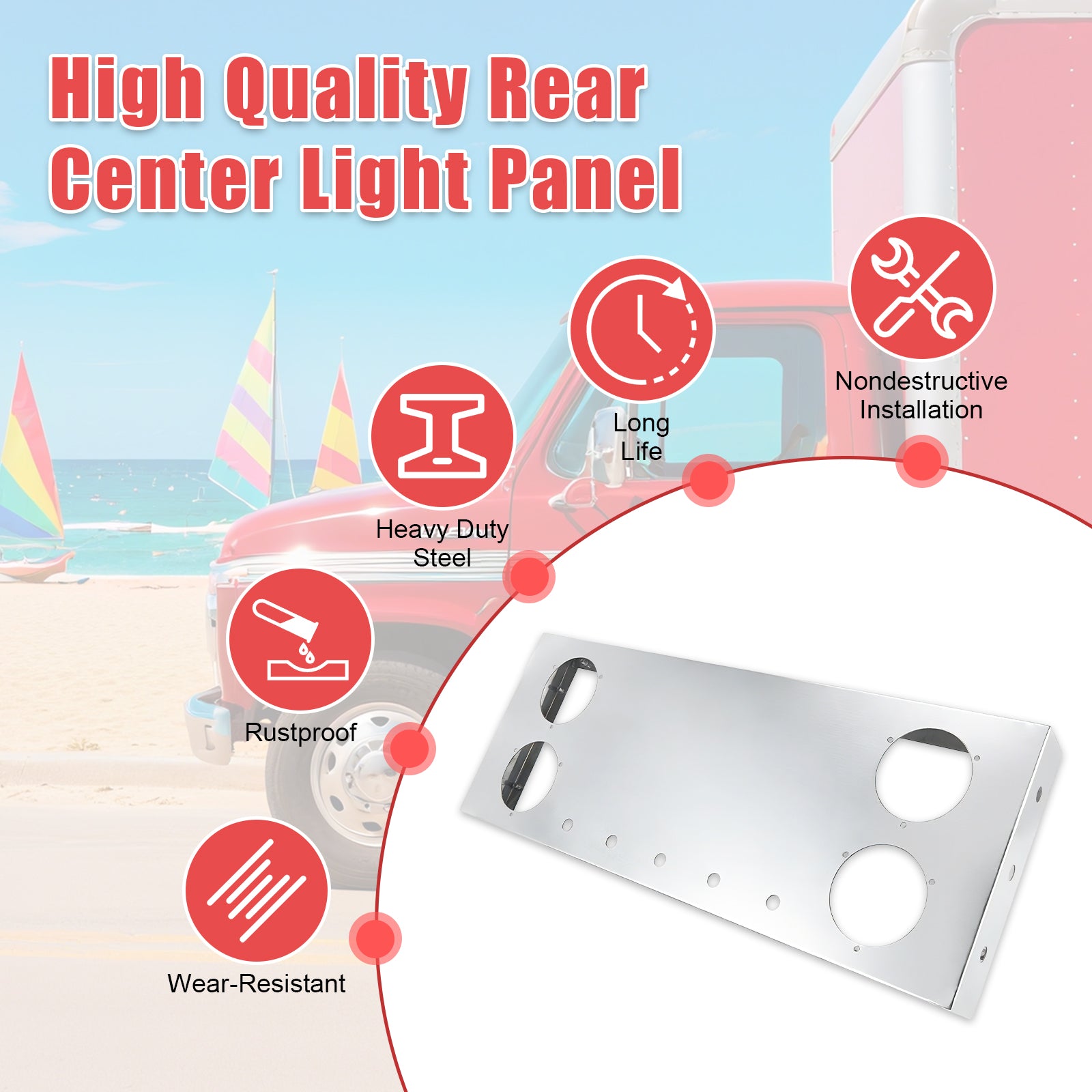 34" Chrome Stainless Steel Rear Center Light Panel for Semi Trucks – 4 Large + 5 Mini LED Cutouts (PR-9007SS)