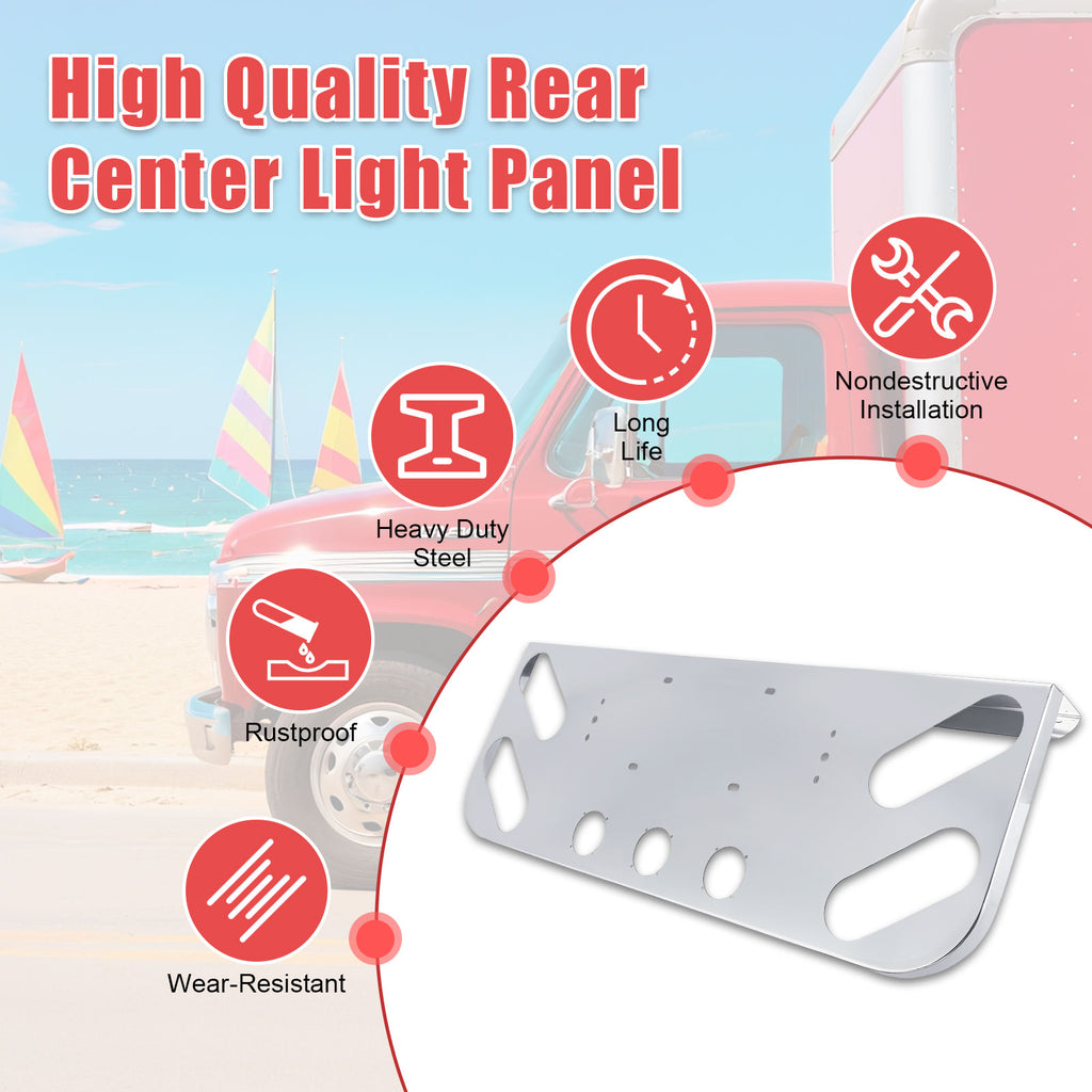 34" Chrome Stainless Steel Rear Center License Plate Panel for Semi Trucks – 4 Round + 4 Oblong Light Cutouts (PR-9003SS)