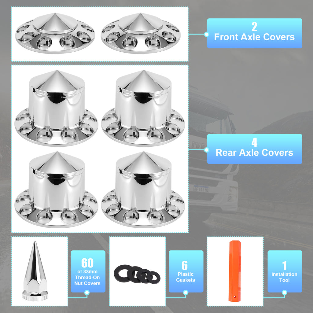 Chrome Spiked Complete Wheel Hub Cover Kit for Semi Trucks – 2 Front + 4 Rear Axle Covers + 60× 33 mm Push-On Nut Covers + Install Tool (PL-03-PUSH-WH)
