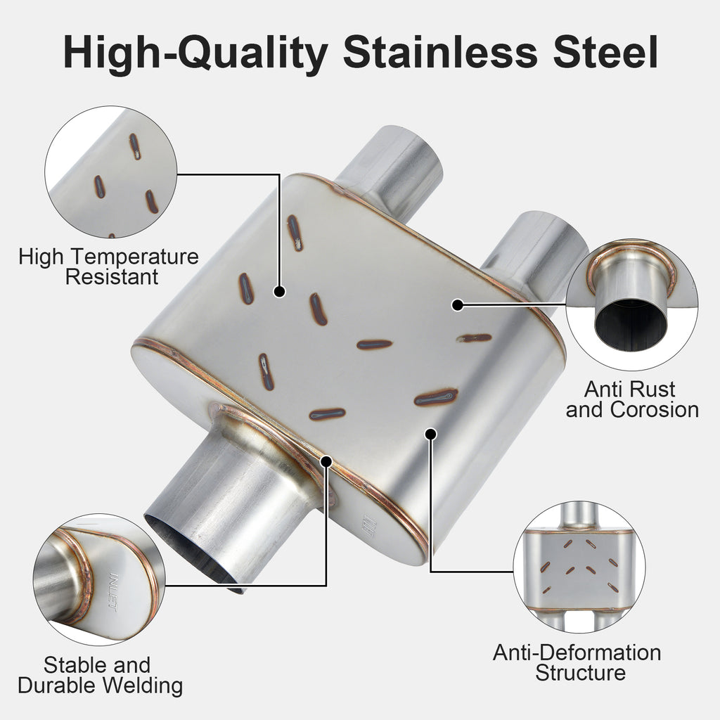 Stainless Chambered Performance Muffler – Compact Body, Single-In / DUAL-Outlet (PL-133D225-A8)