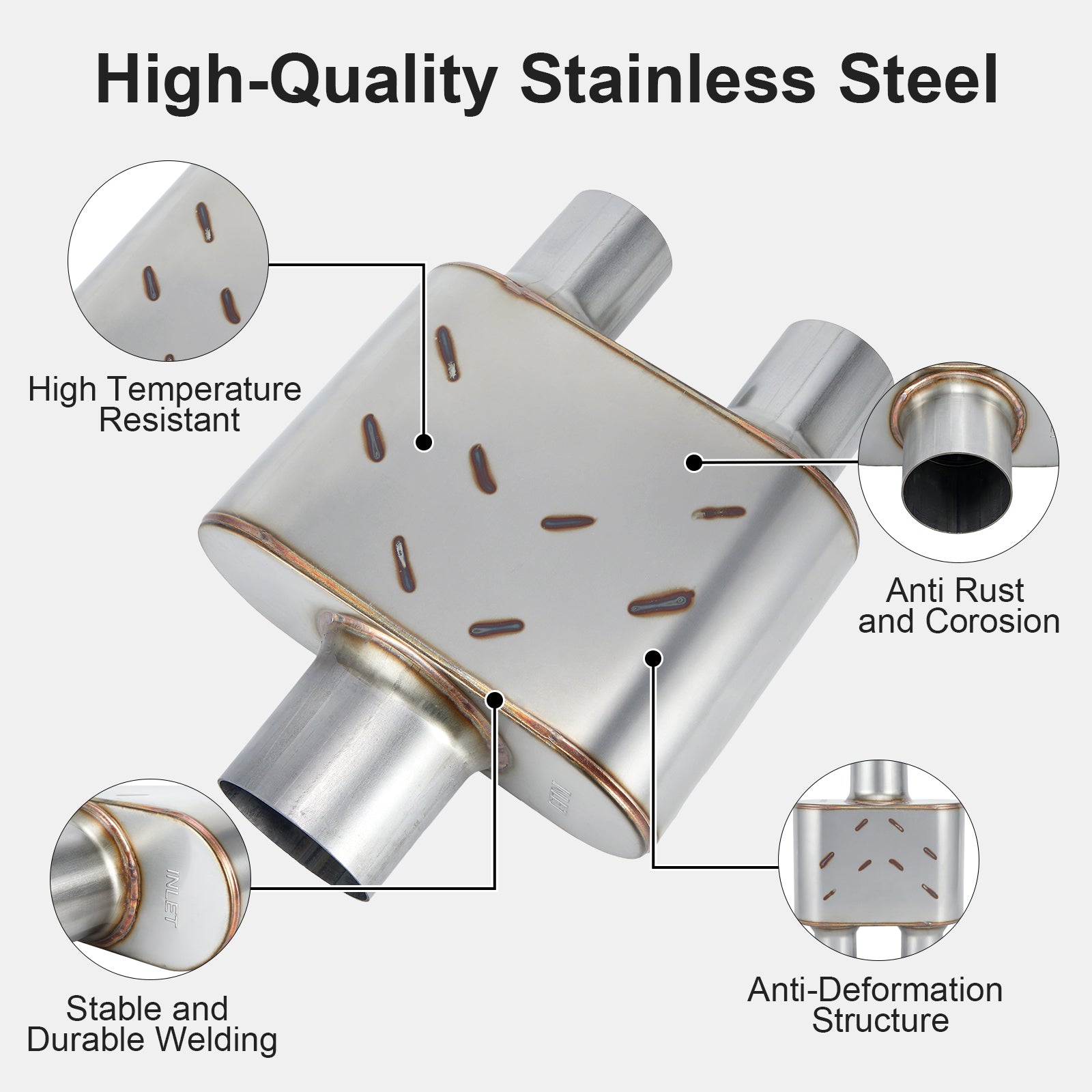 Stainless Chambered Performance Muffler – Compact Body, Single-In / DUAL-Outlet (PL-133D225-A8)