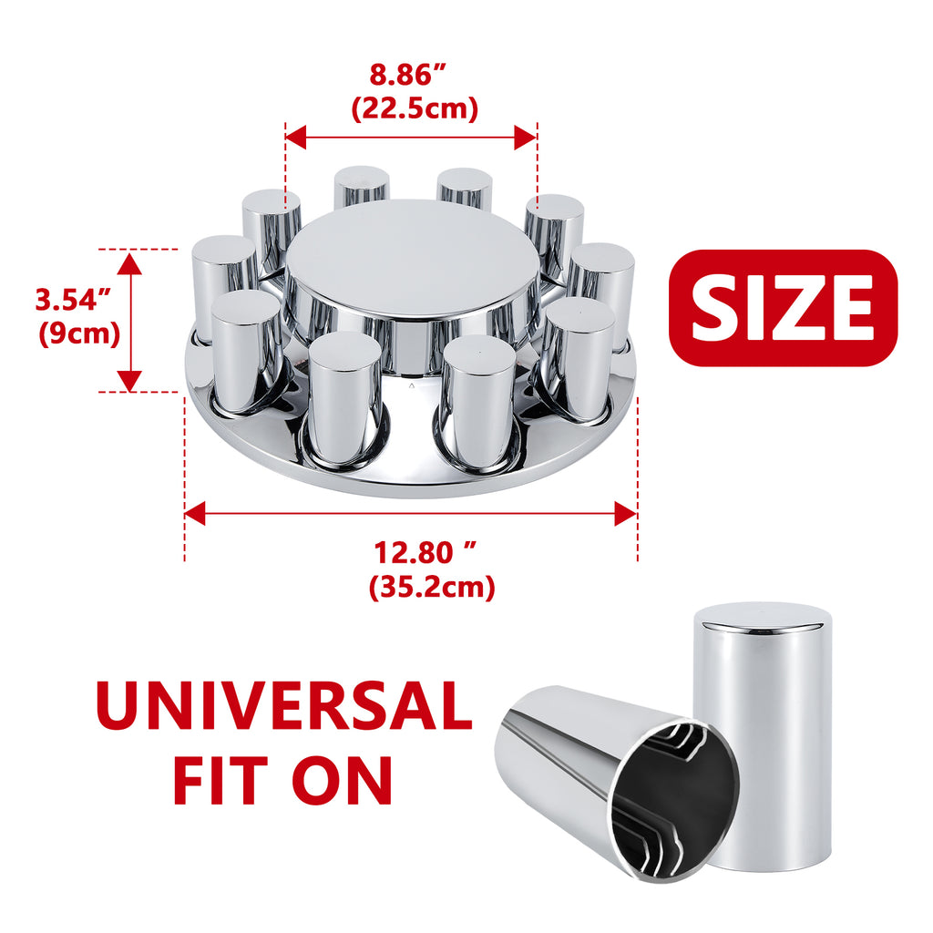Chrome Smooth-Dome Front Axle Hub Cover Set for Semi Trucks – Push-On, 33 mm Pre-Installed Nut Covers, 2-Piece Kit (PL-05-PUSH-FT)