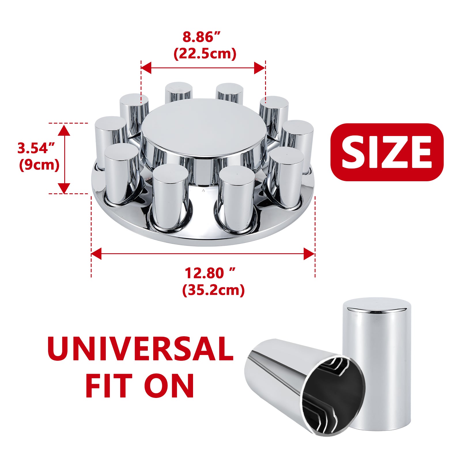 Chrome Smooth-Dome Front Axle Hub Cover Set for Semi Trucks – Push-On, 33 mm Pre-Installed Nut Covers, 2-Piece Kit (PL-05-PUSH-FT)