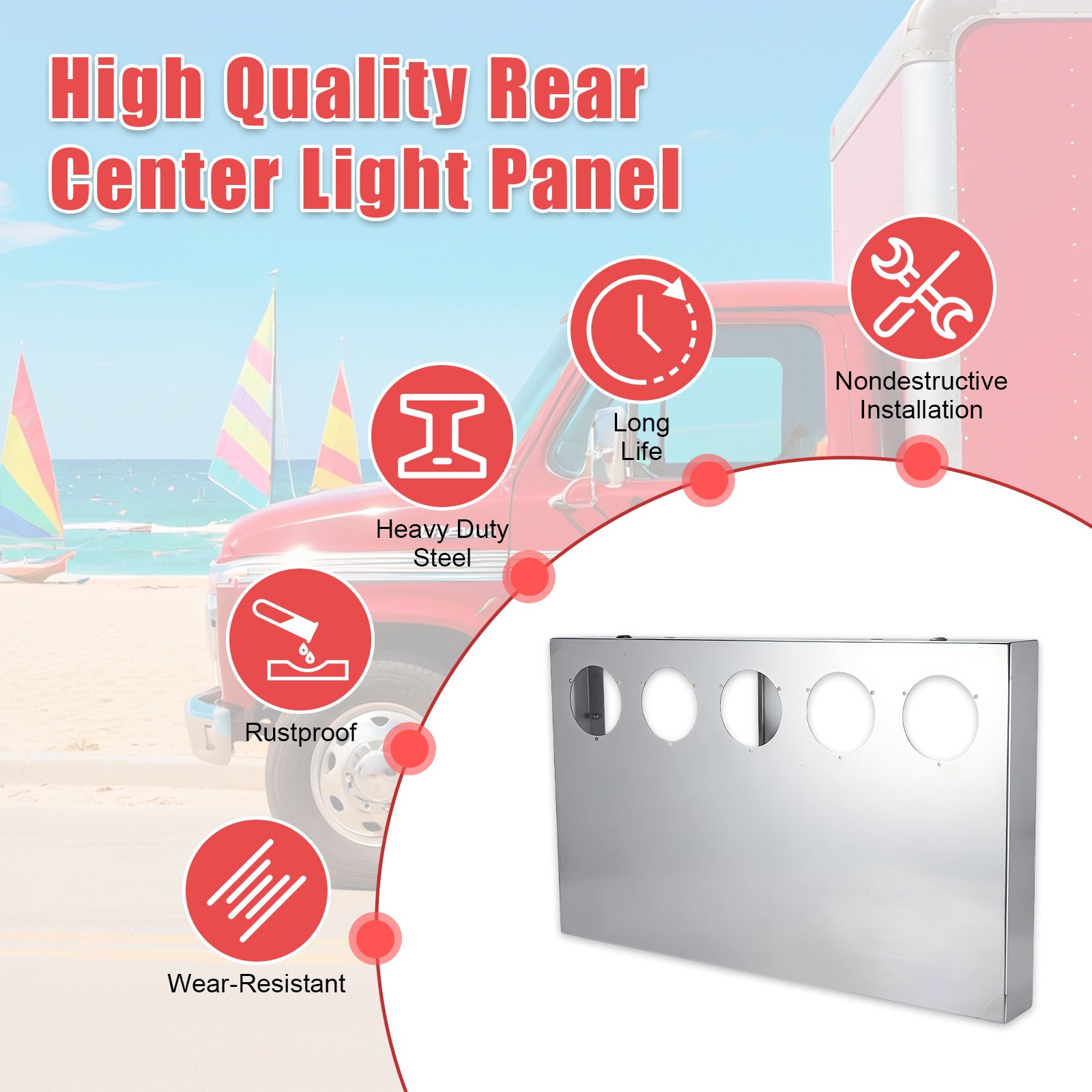 33" Chrome Stainless Steel Tall Rear Light Panel for Semi Trucks – 5 Large 4" Light Cutouts (PR-9011SS)