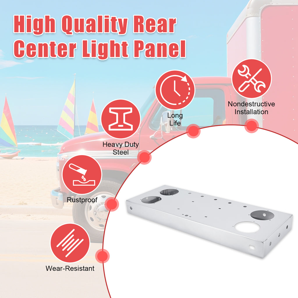 34" Chrome Stainless Steel Rear Center Light Panel for Semi Trucks – 4 Large Corner Lights + Mini LED Holes (PR-9009SS)