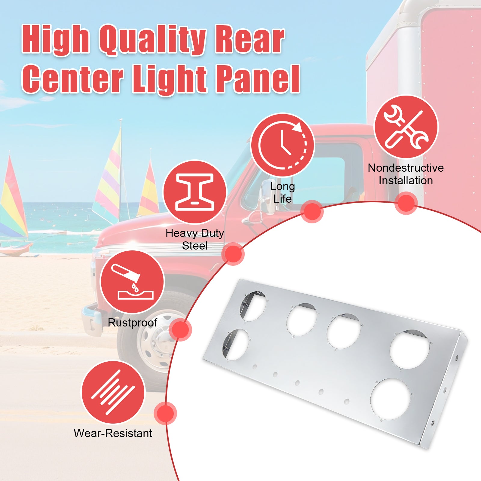 34" Chrome Stainless Steel Rear Center Light Panel for Semi Trucks – 6 Large + 5 Mini LED Cutouts (PR-9008SS)