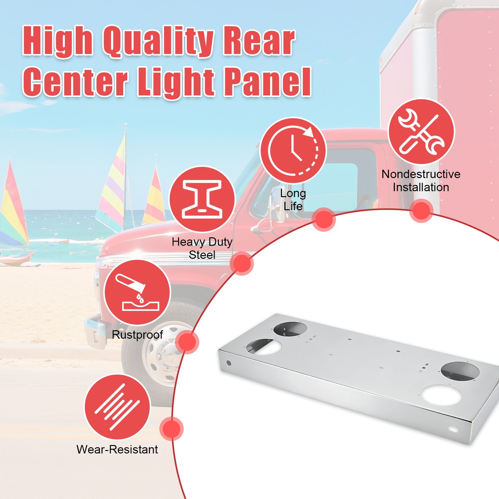 34" Chrome Stainless Steel Rear Center Light Panel for Semi Trucks – 4 Large 4" Corner Lights (PR-9010SS)