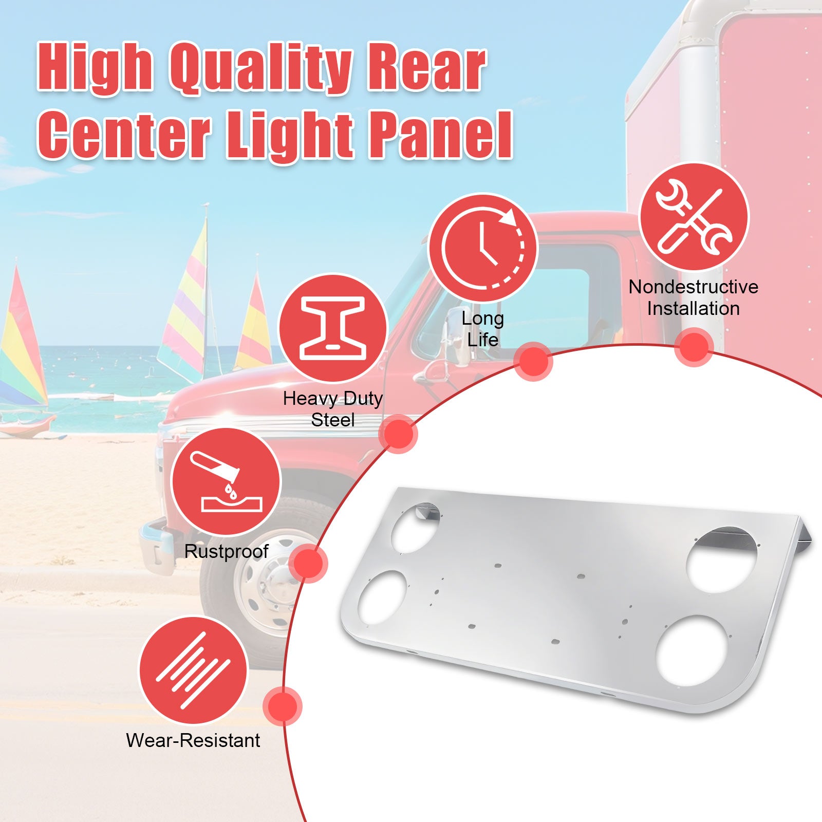 34" Chrome Stainless Steel Rear Center License Plate Panel for Semi Trucks – 4 Large 4" Light Cutouts (PR-9004SS)