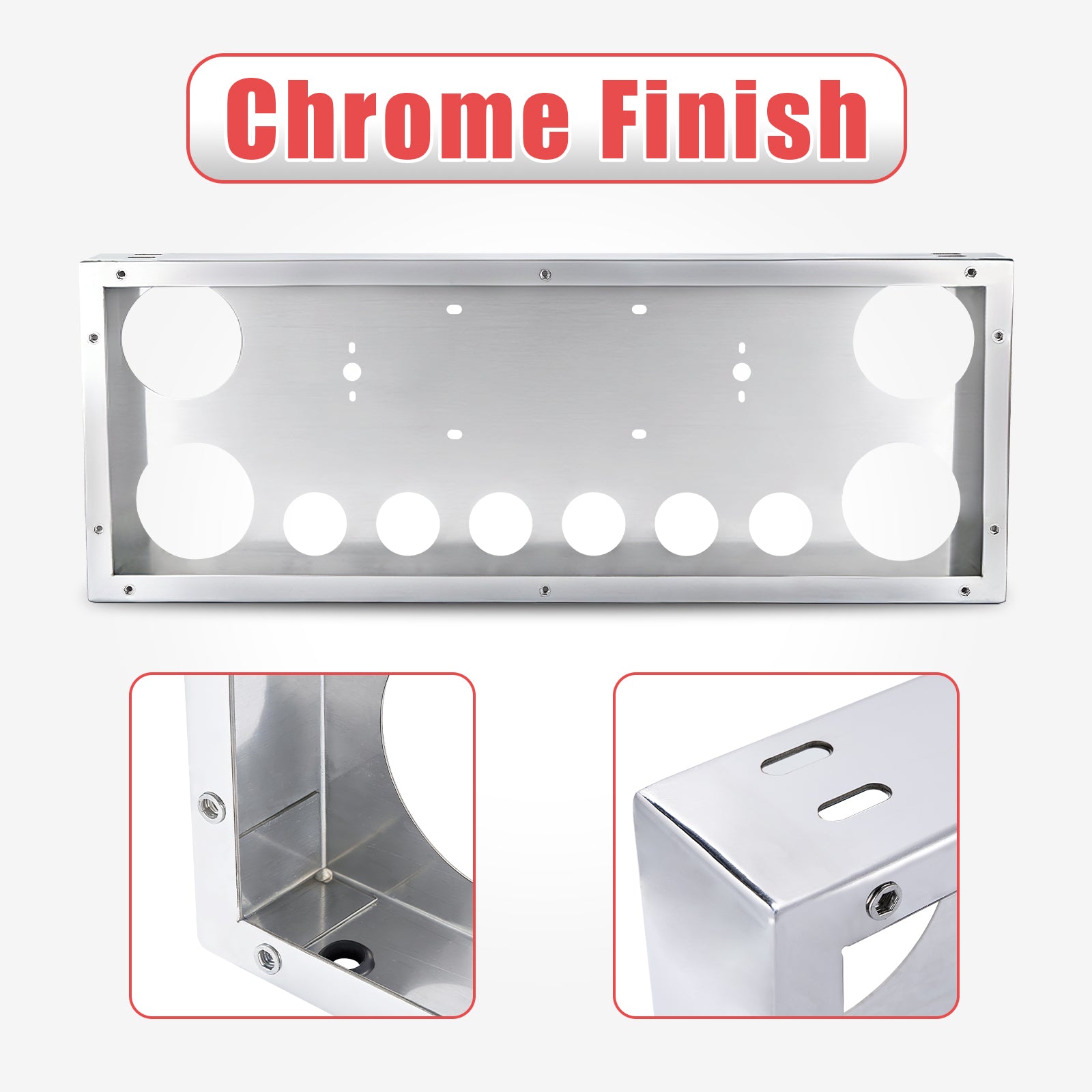 34" Chrome Stainless Steel Rear Center License Plate Panel for Semi Trucks – 4 Large + 7 Small Light Cutouts (PR-9005SS)