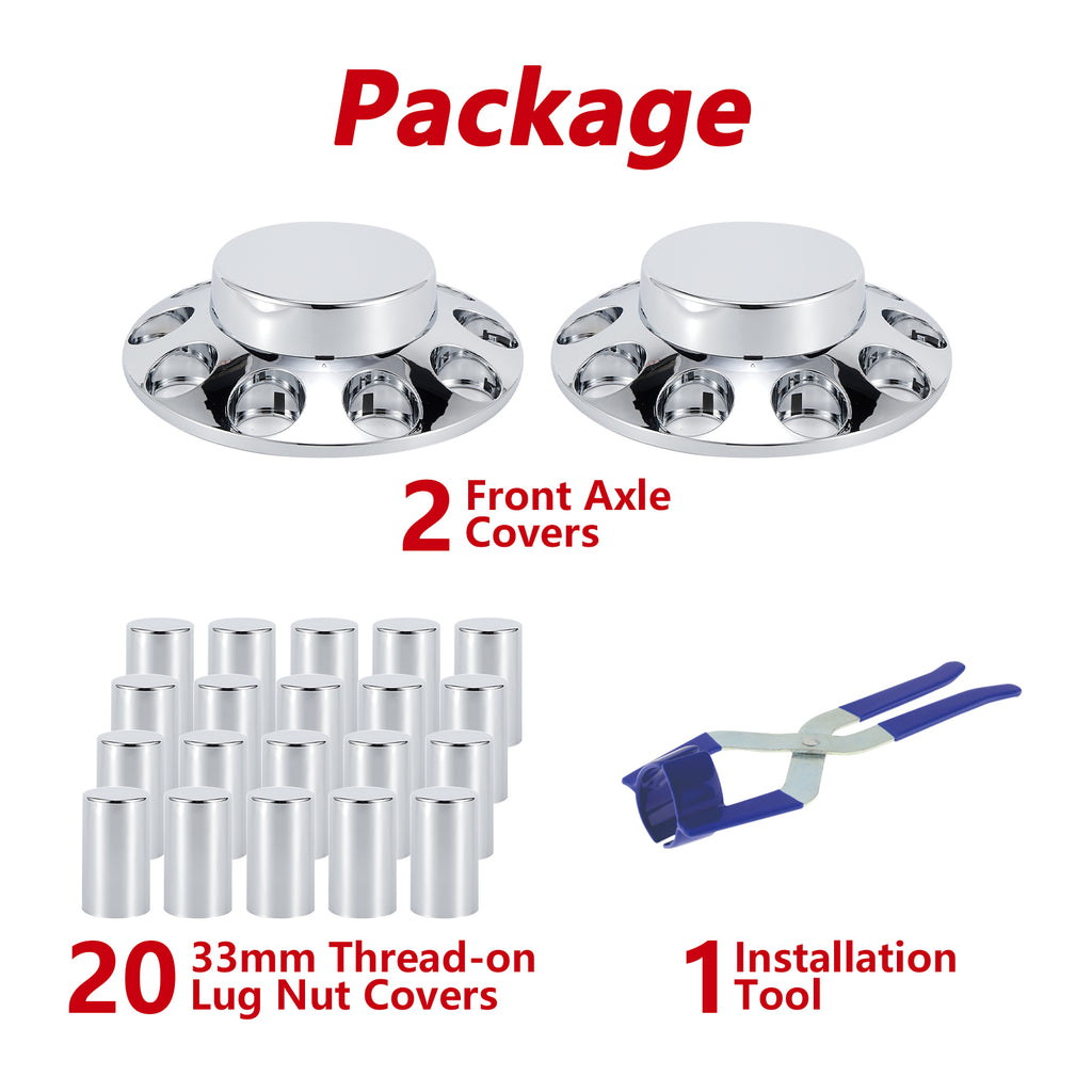 Chrome Smooth-Dome Front Axle Hub Cover Set for Semi Trucks – Push-On, 33 mm Pre-Installed Nut Covers, 2-Piece Kit (PL-05-PUSH-FT)