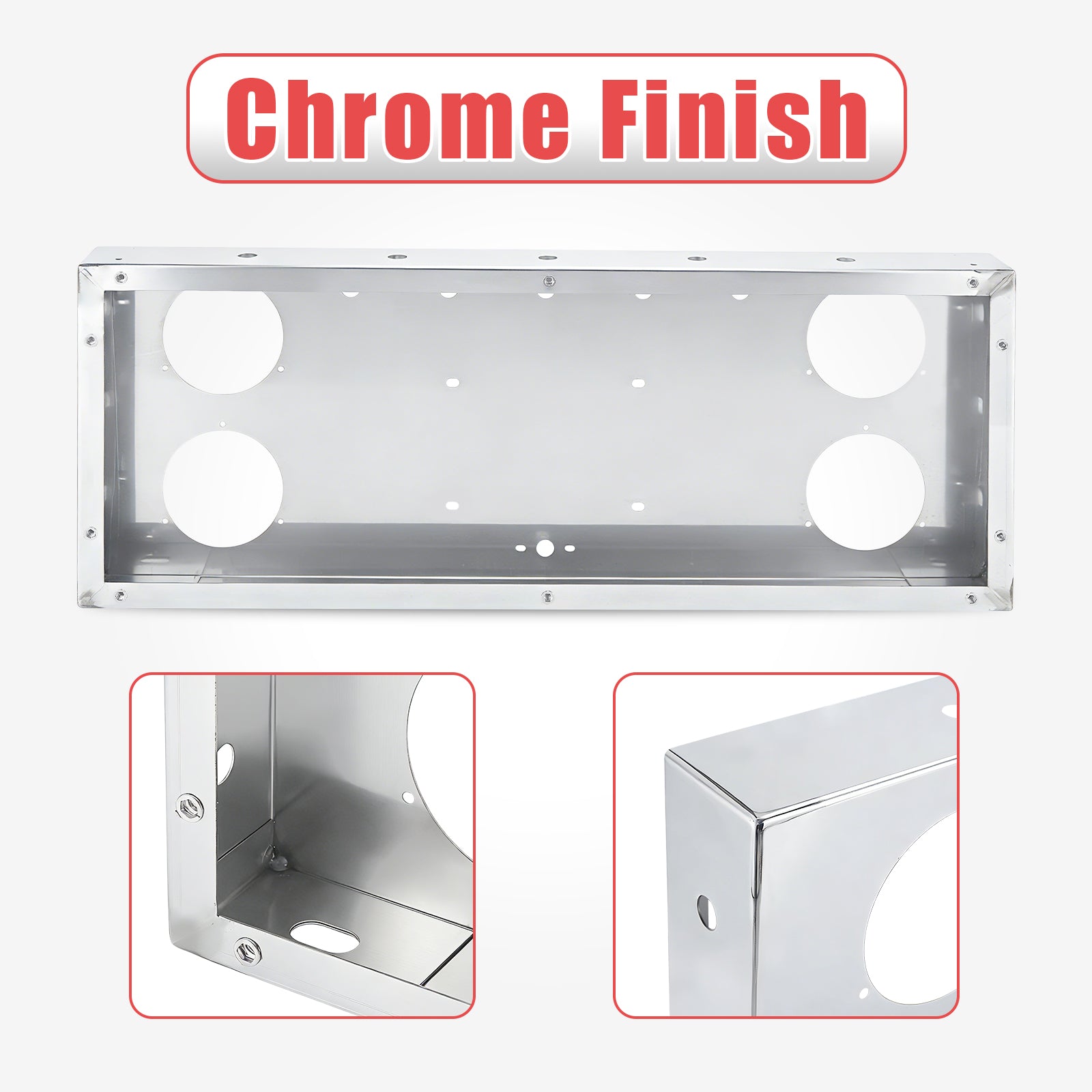 34" Chrome Stainless Steel Rear Center Light Panel for Semi Trucks – 4 Large Corner Lights + Mini LED Holes (PR-9009SS)