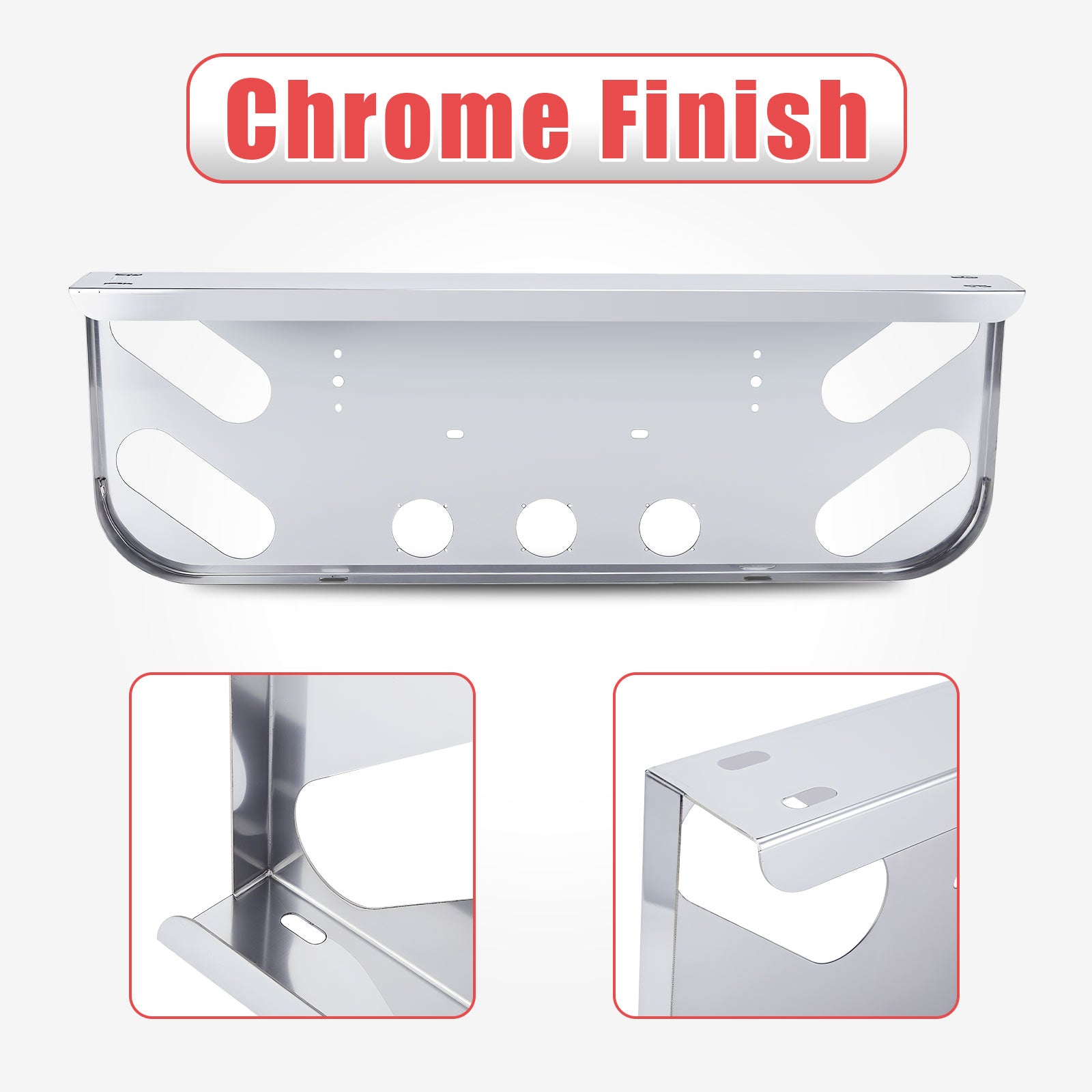 34" Chrome Stainless Steel Rear Center License Plate Panel for Semi Trucks – 4 Round + 4 Oblong Light Cutouts (PR-9003SS)