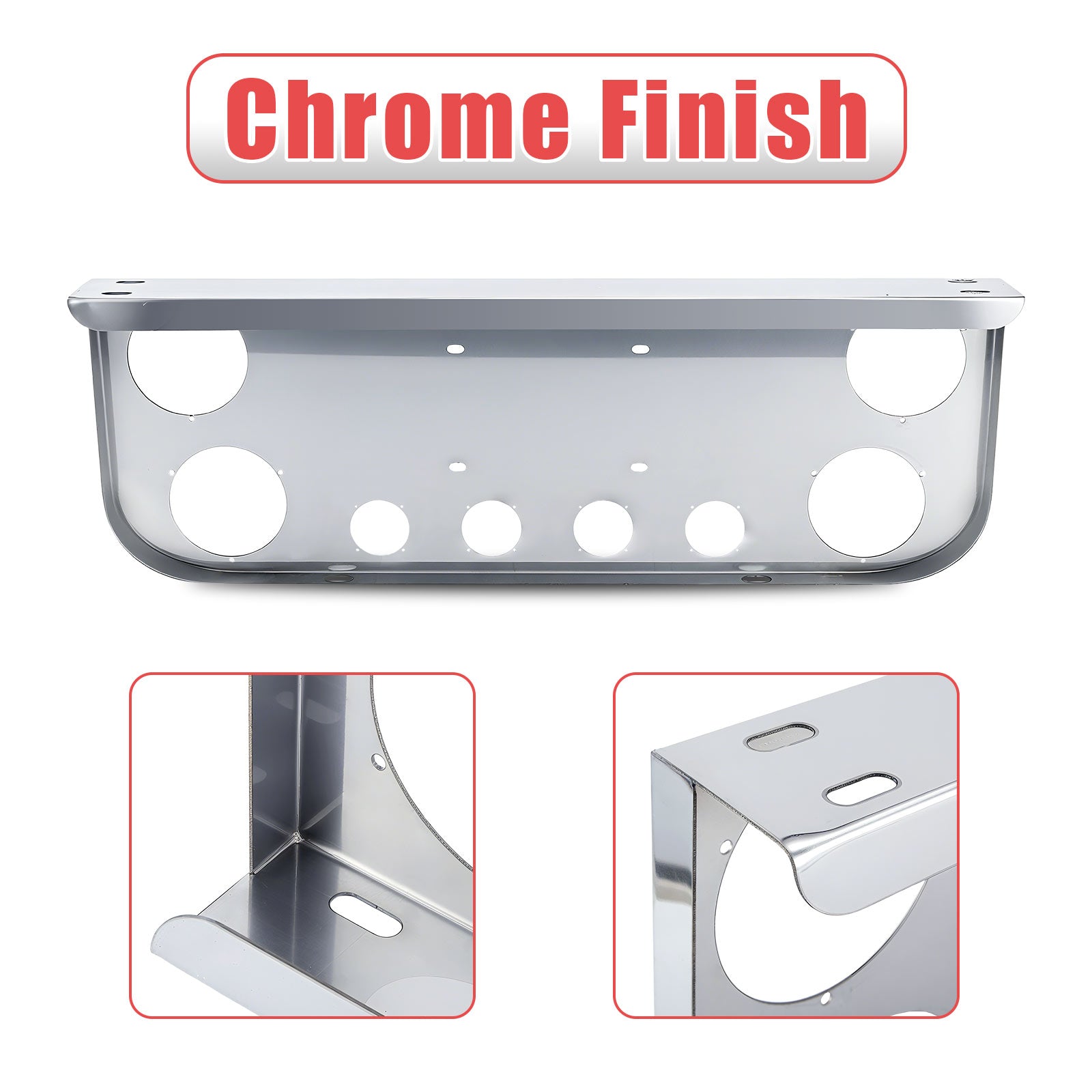 34" Chrome Stainless Steel Rear Center License Plate Panel for Semi Trucks – 6 Light Cutouts (PR-9002SS)