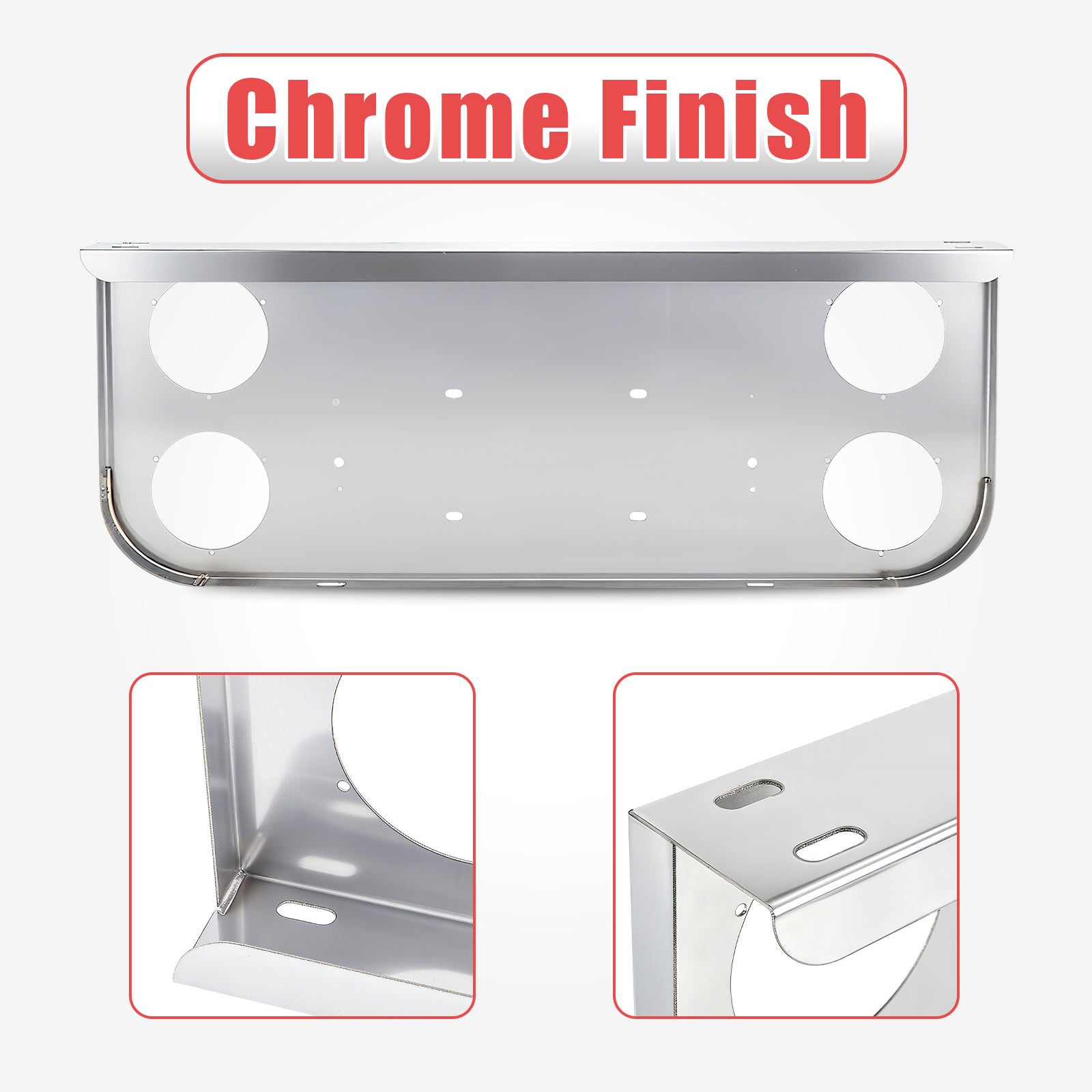 34" Chrome Stainless Steel Rear Center License Plate Panel for Semi Trucks – 4 Large 4" Light Cutouts (PR-9004SS)