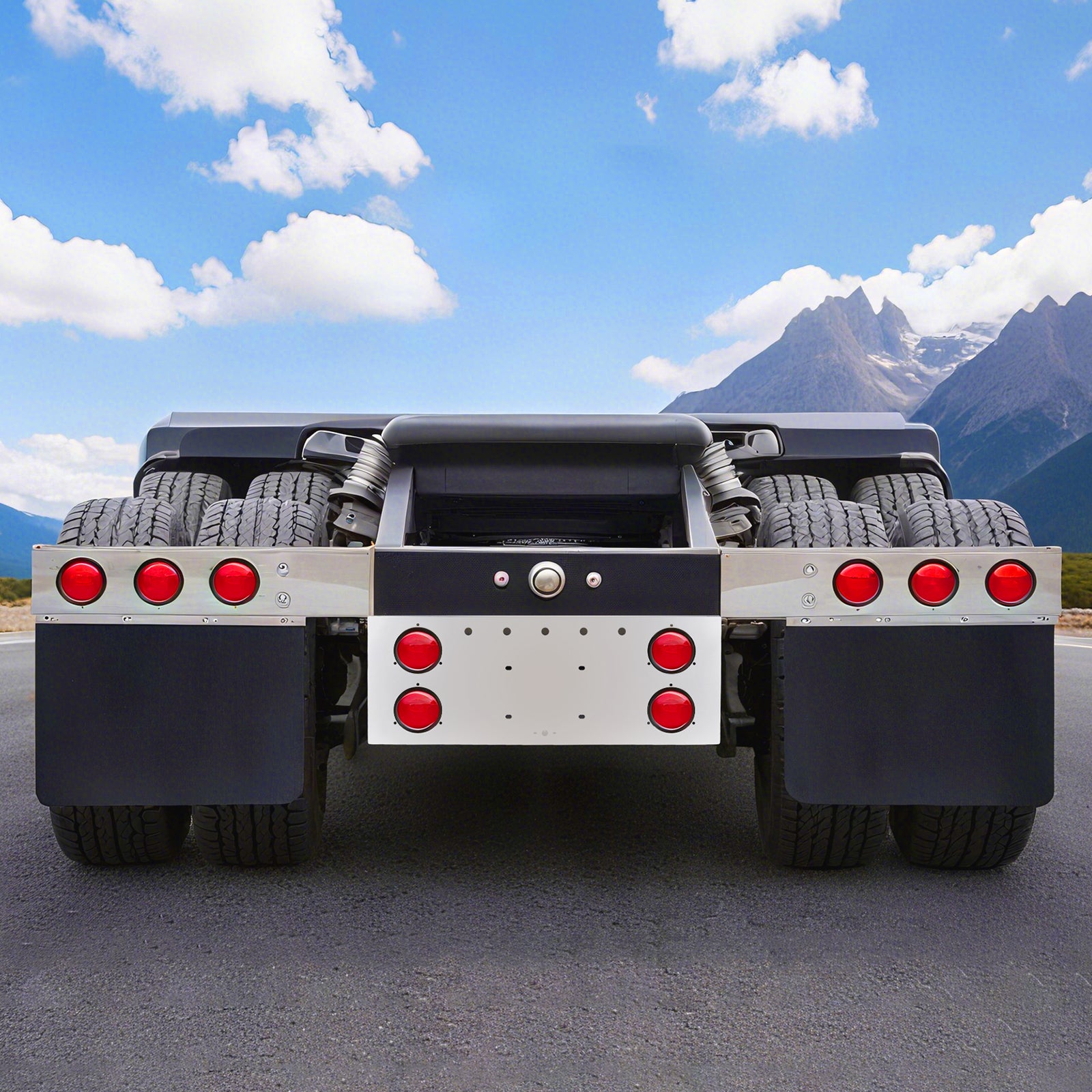 34" Chrome Stainless Steel Rear Center Light Panel for Semi Trucks – 4 Large Corner Lights + Mini LED Holes (PR-9009SS)
