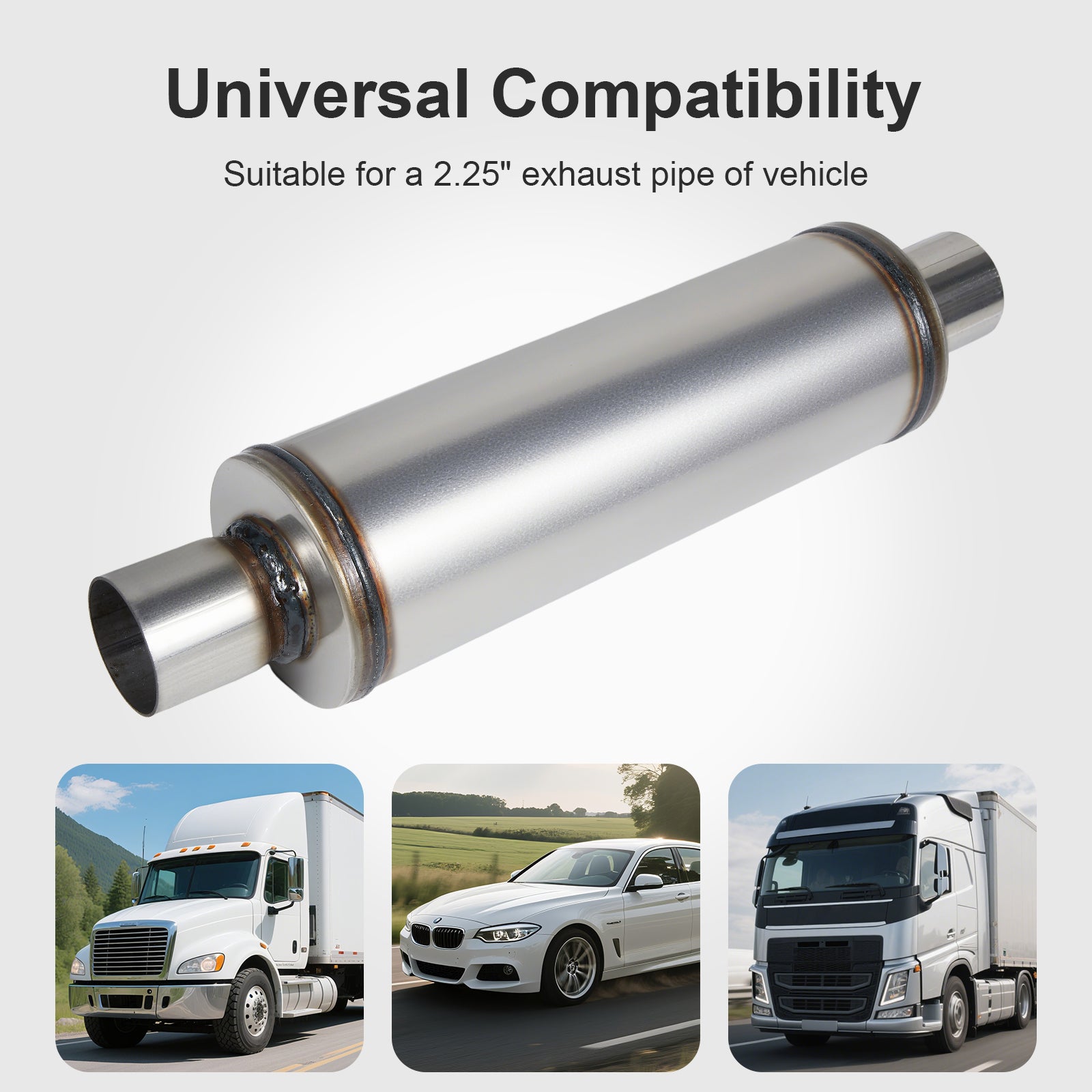 Cylindrical Stainless Chambered Muffler – Textured Finish – 2.25", 2.5" (J Series)